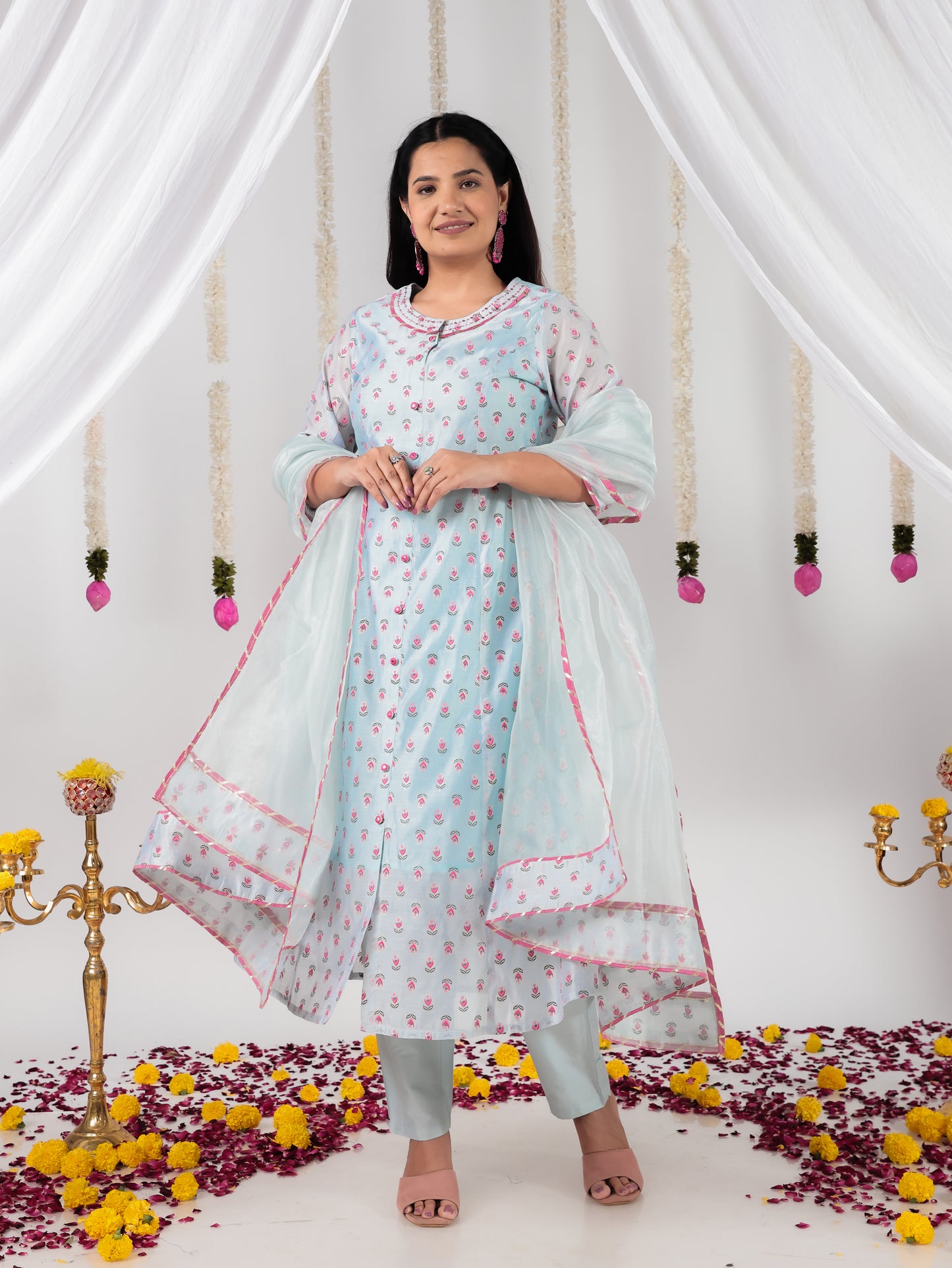 Organza Floral Solid Blue Dupatta