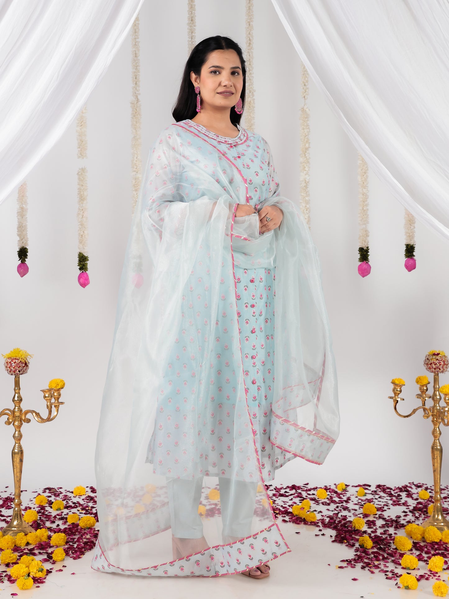 Organza Floral A-line Blue Kurta