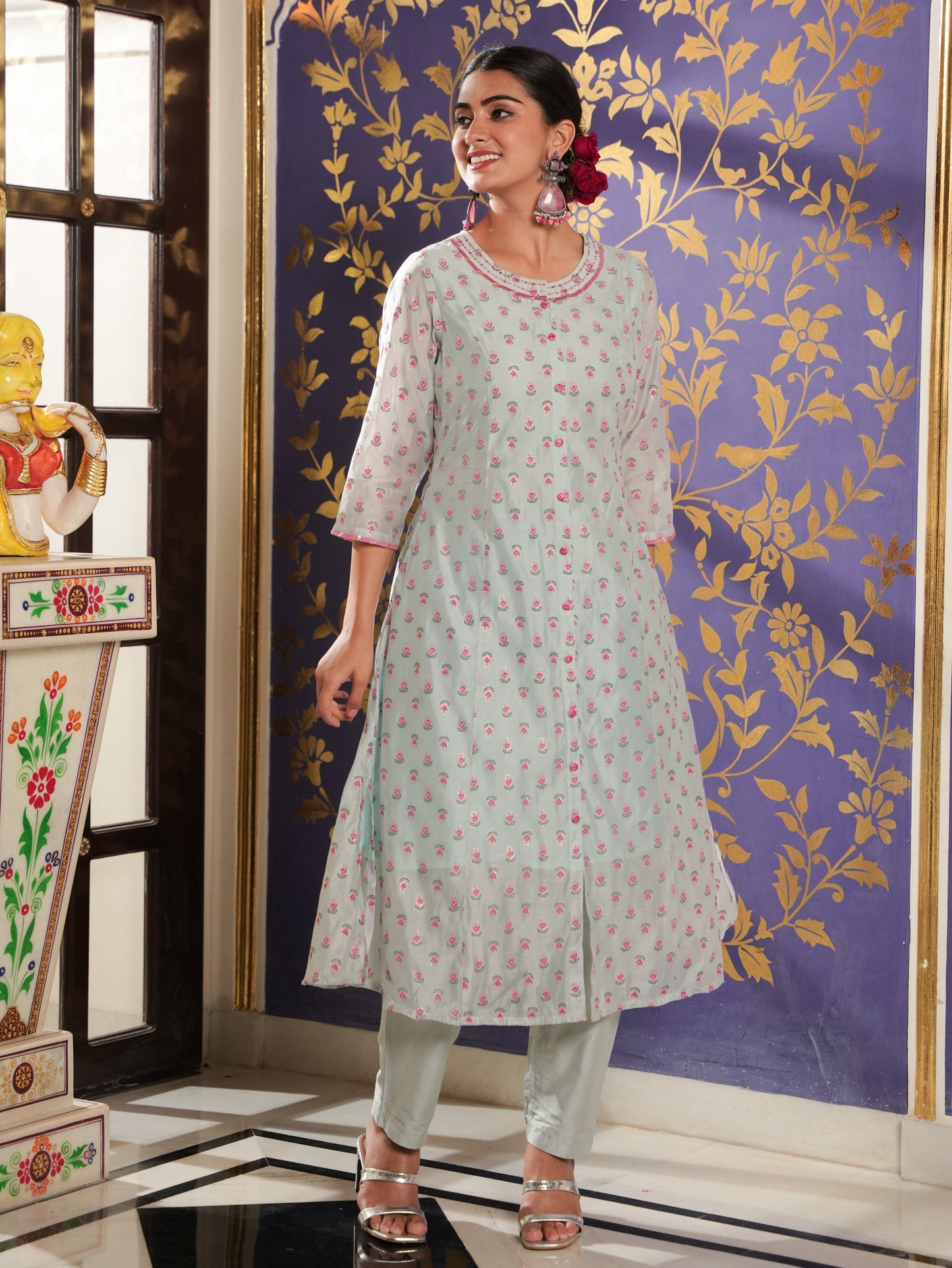 Organza Floral A-line Blue Kurta