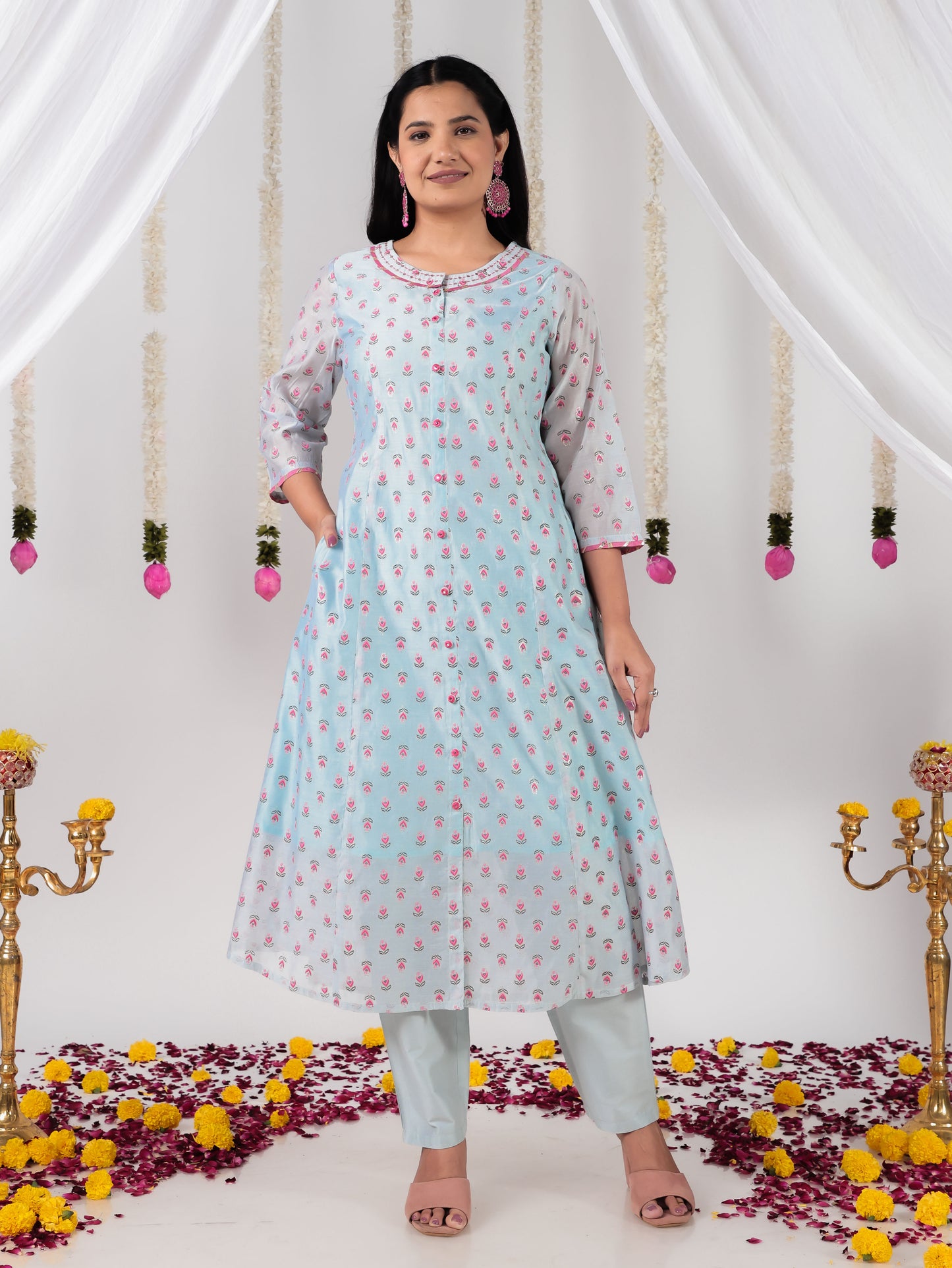 Organza Floral A-line Blue Kurta