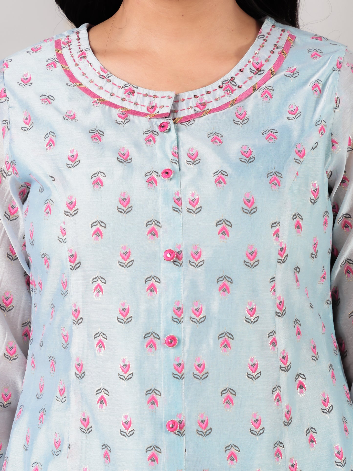 Organza Floral A-line Blue Kurta