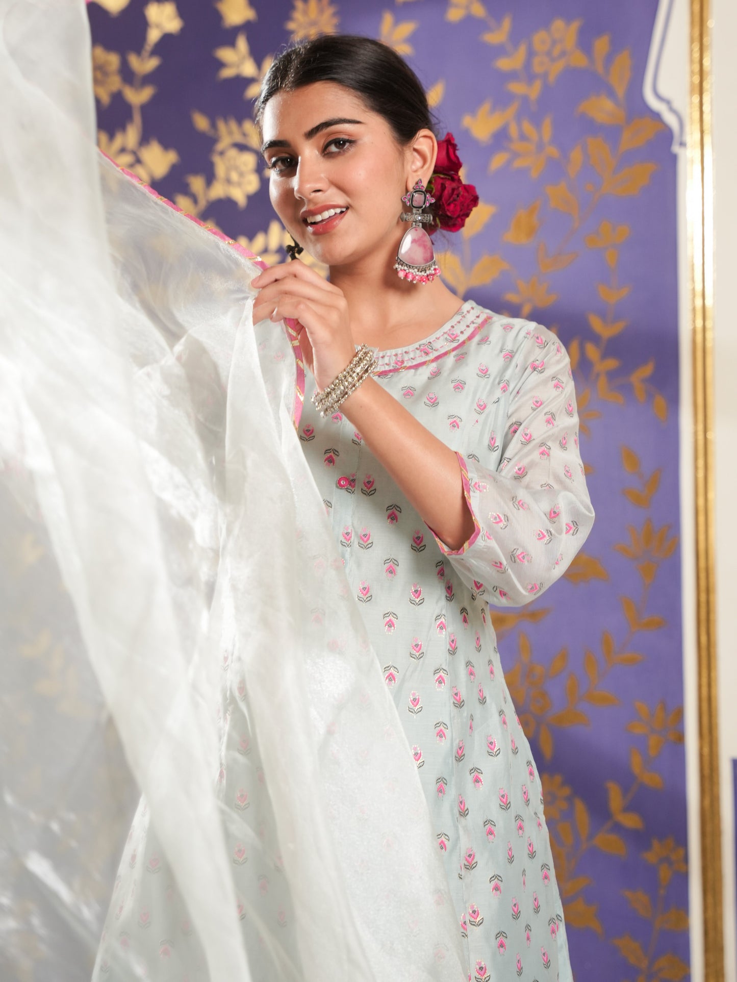 Organza Floral A-line Blue Kurta