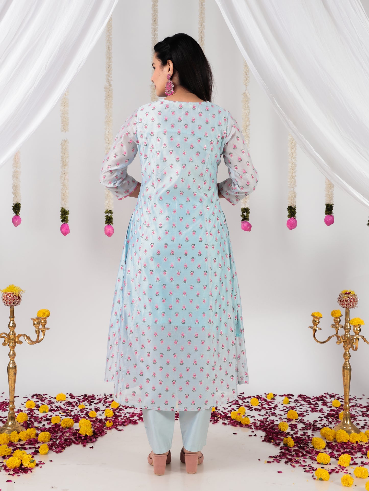 Organza Floral A-line Blue Kurta
