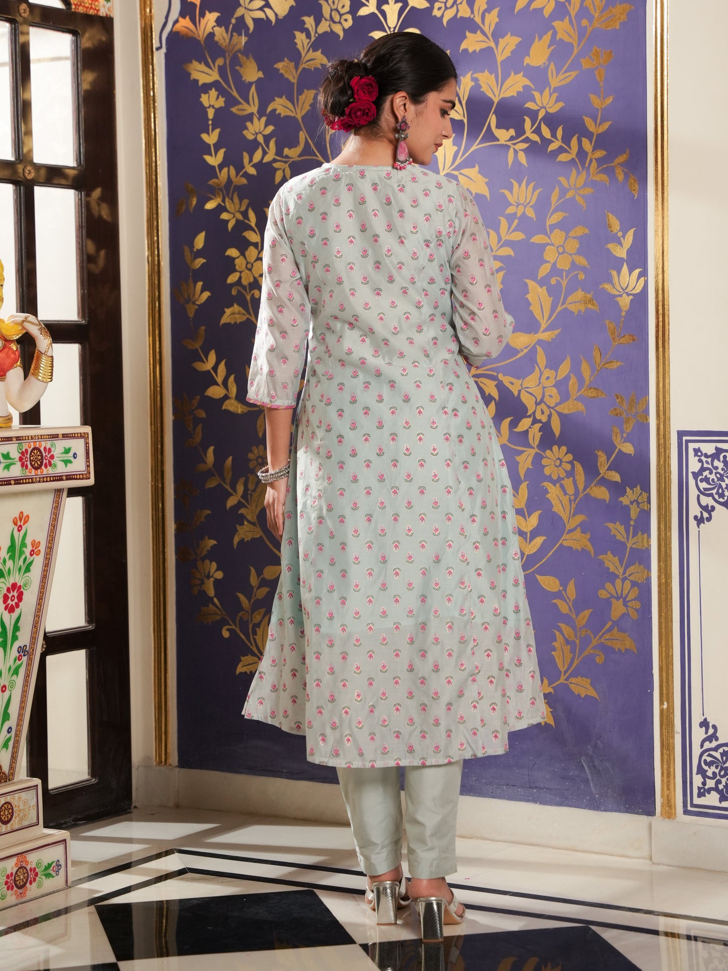 Organza Floral A-line Blue Kurta