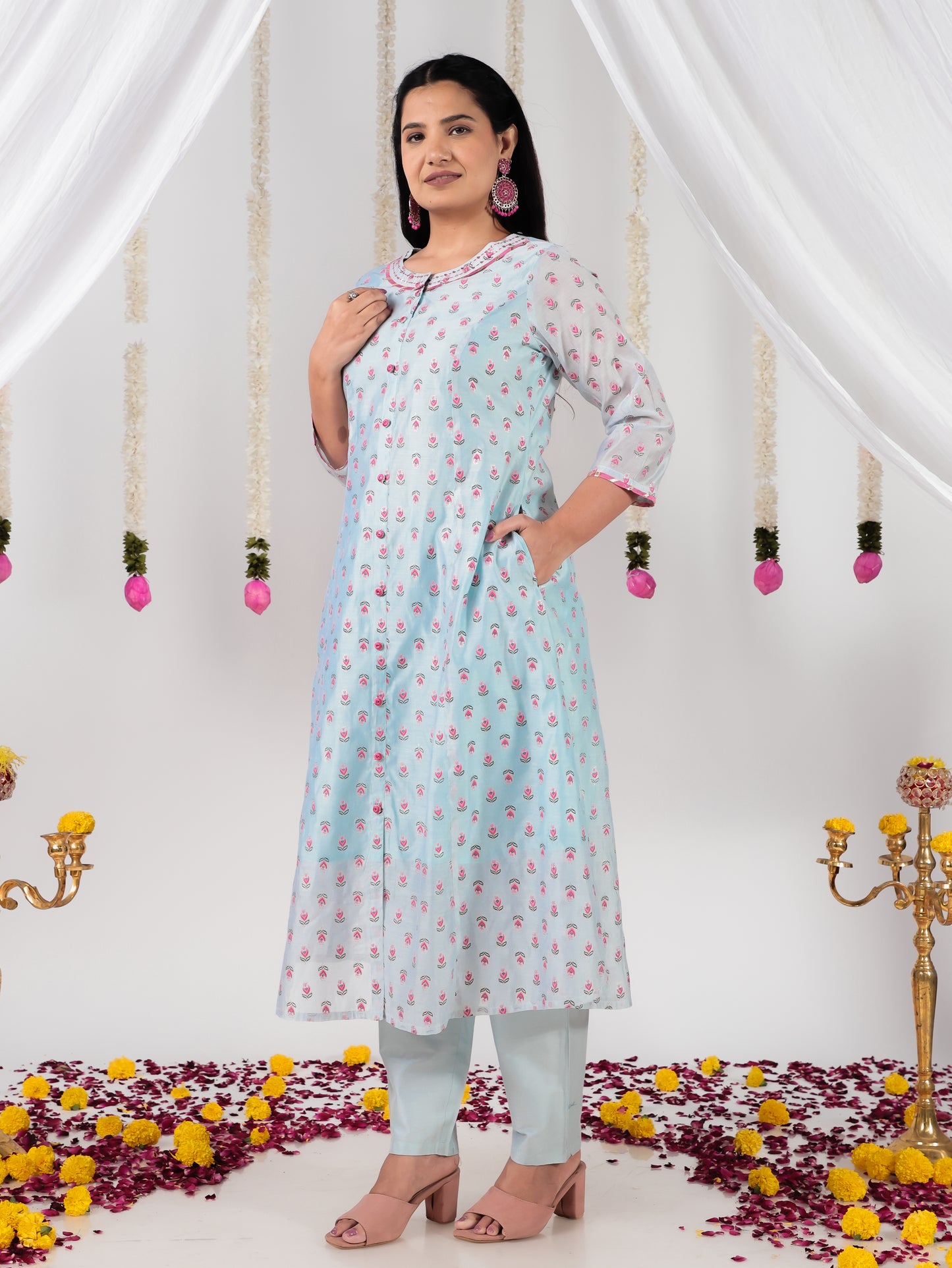 Organza Floral A-line Blue Kurta