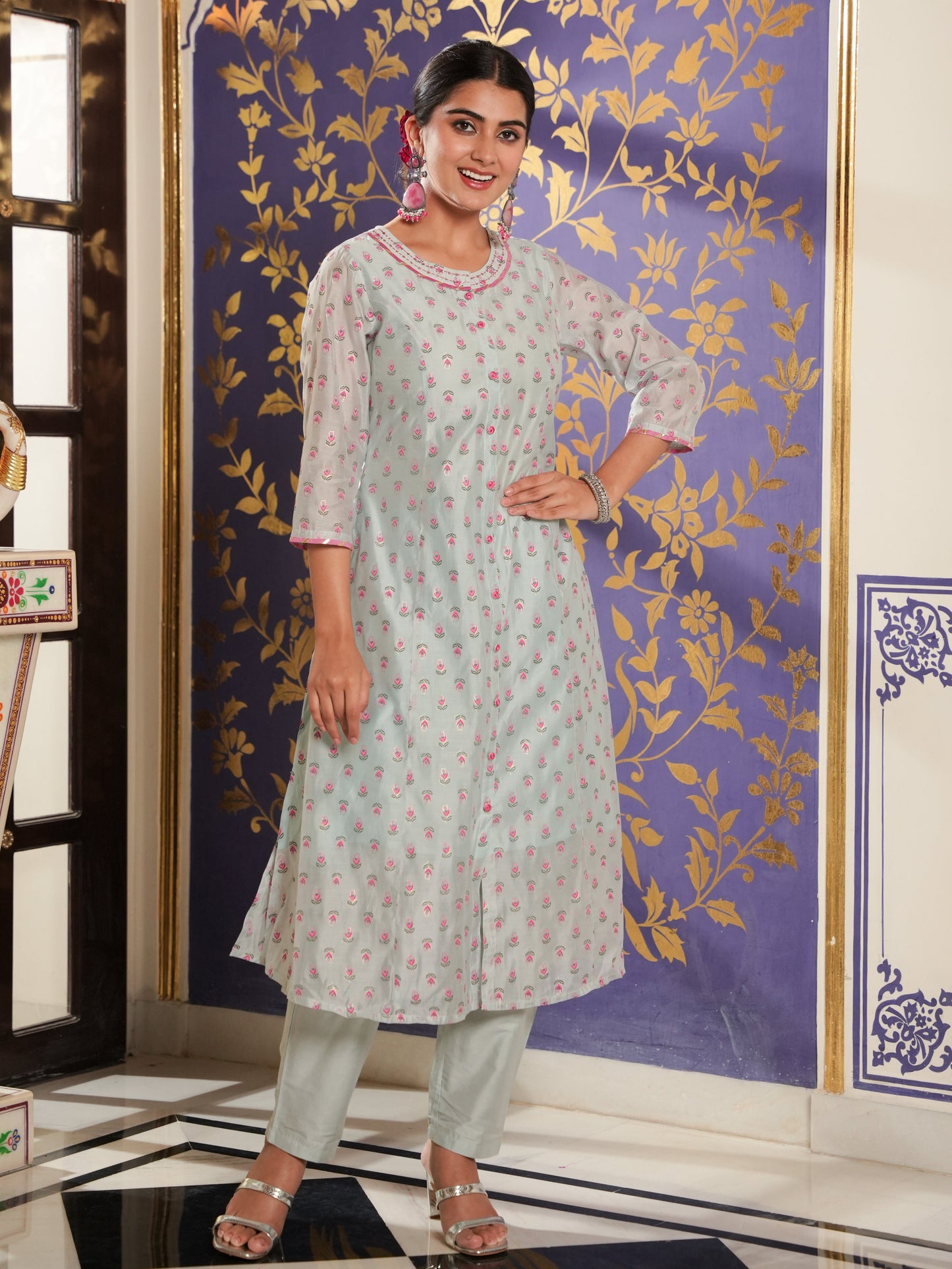Organza Floral A-line Blue Kurta