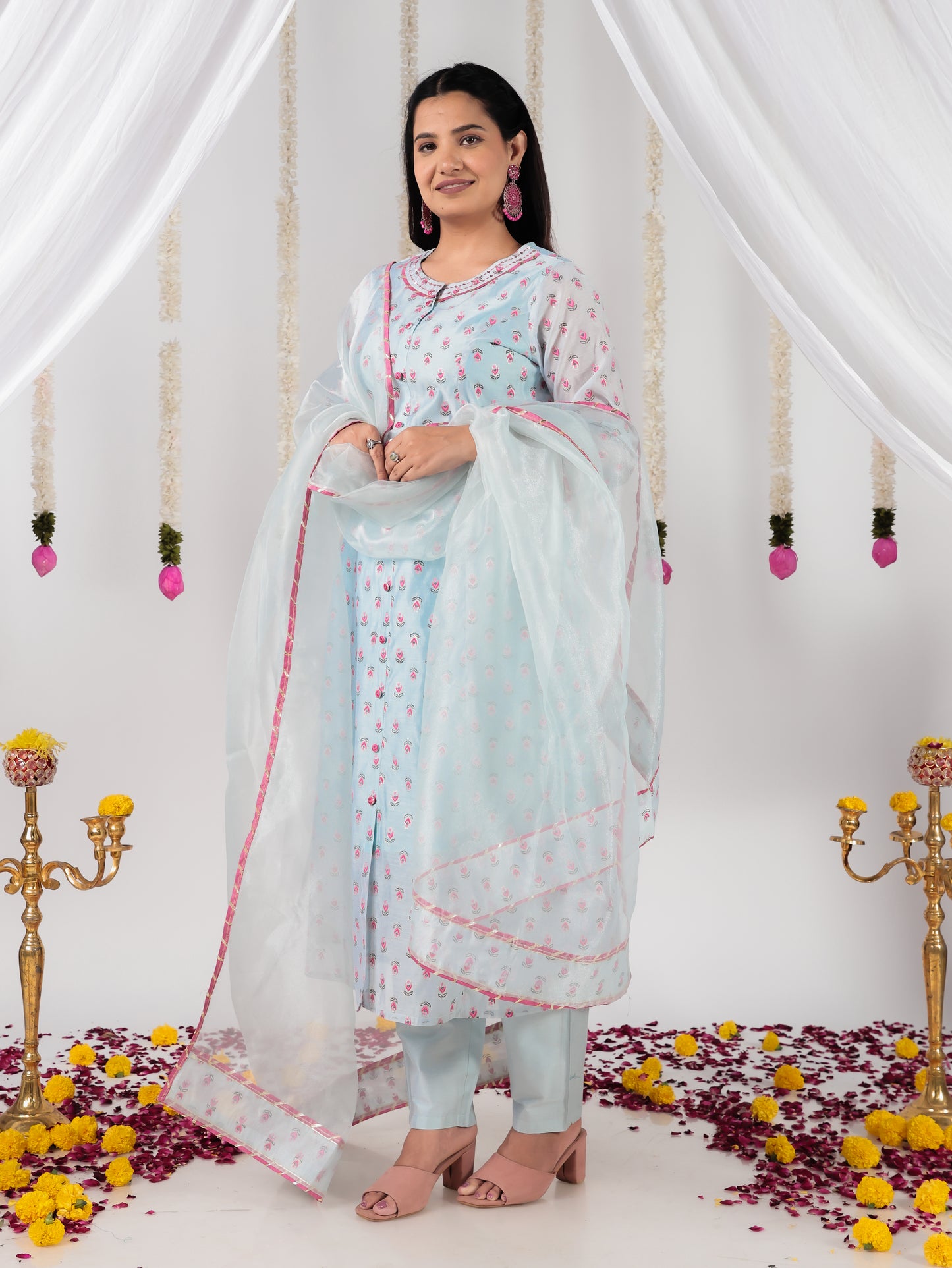 Organza Floral A-line Blue Kurta