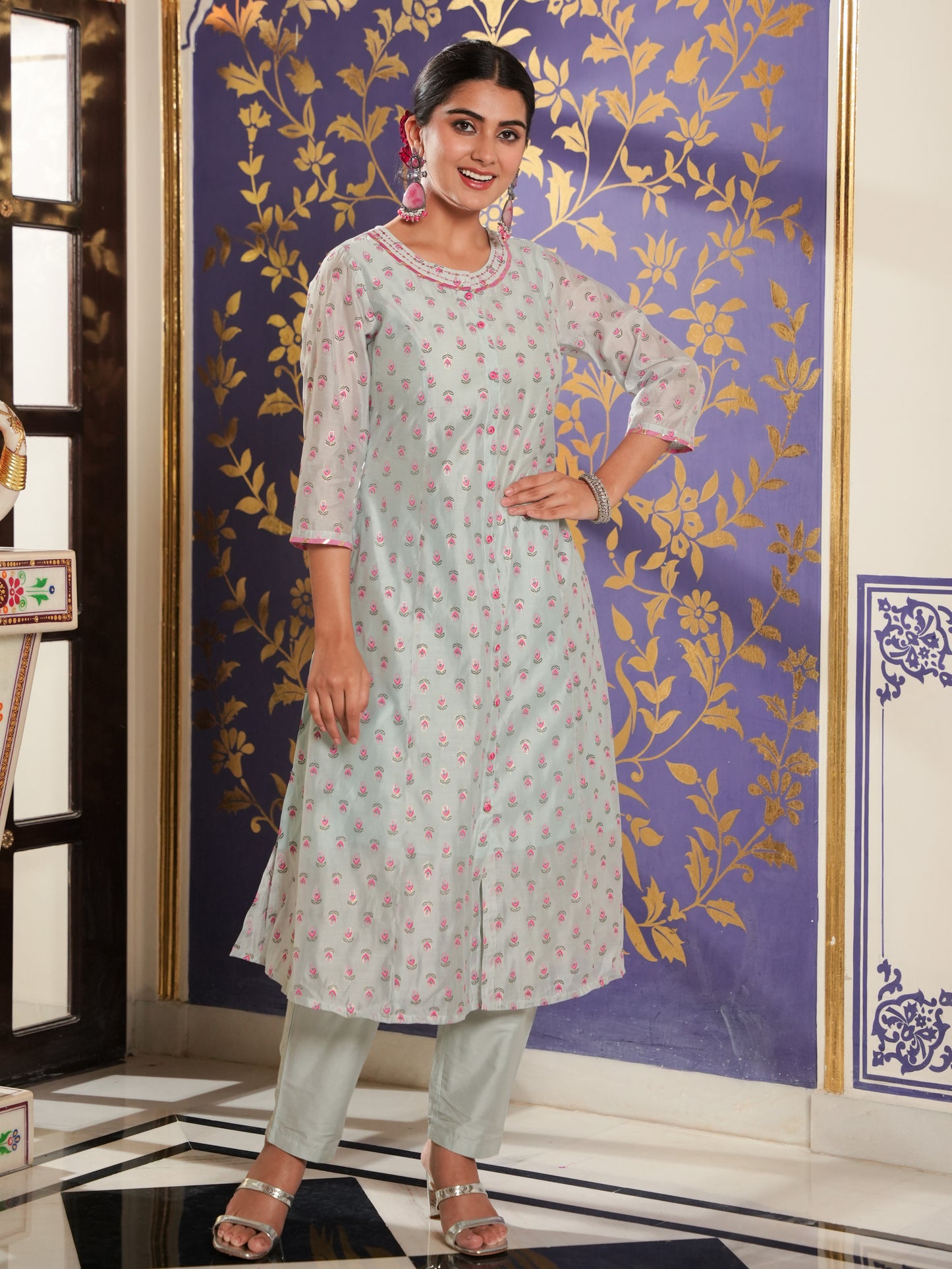 Organza Floral A-line Blue Kurta