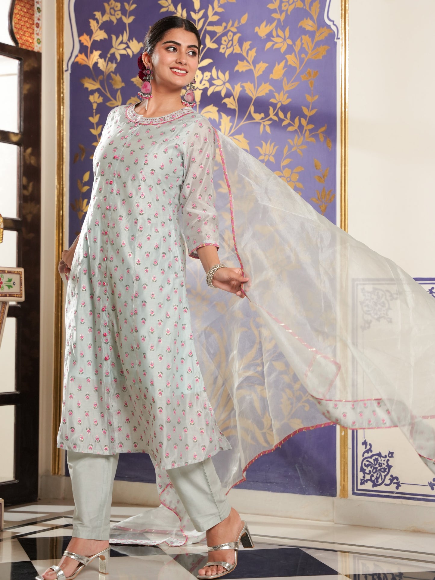 Organza Floral A-line Blue Kurta
