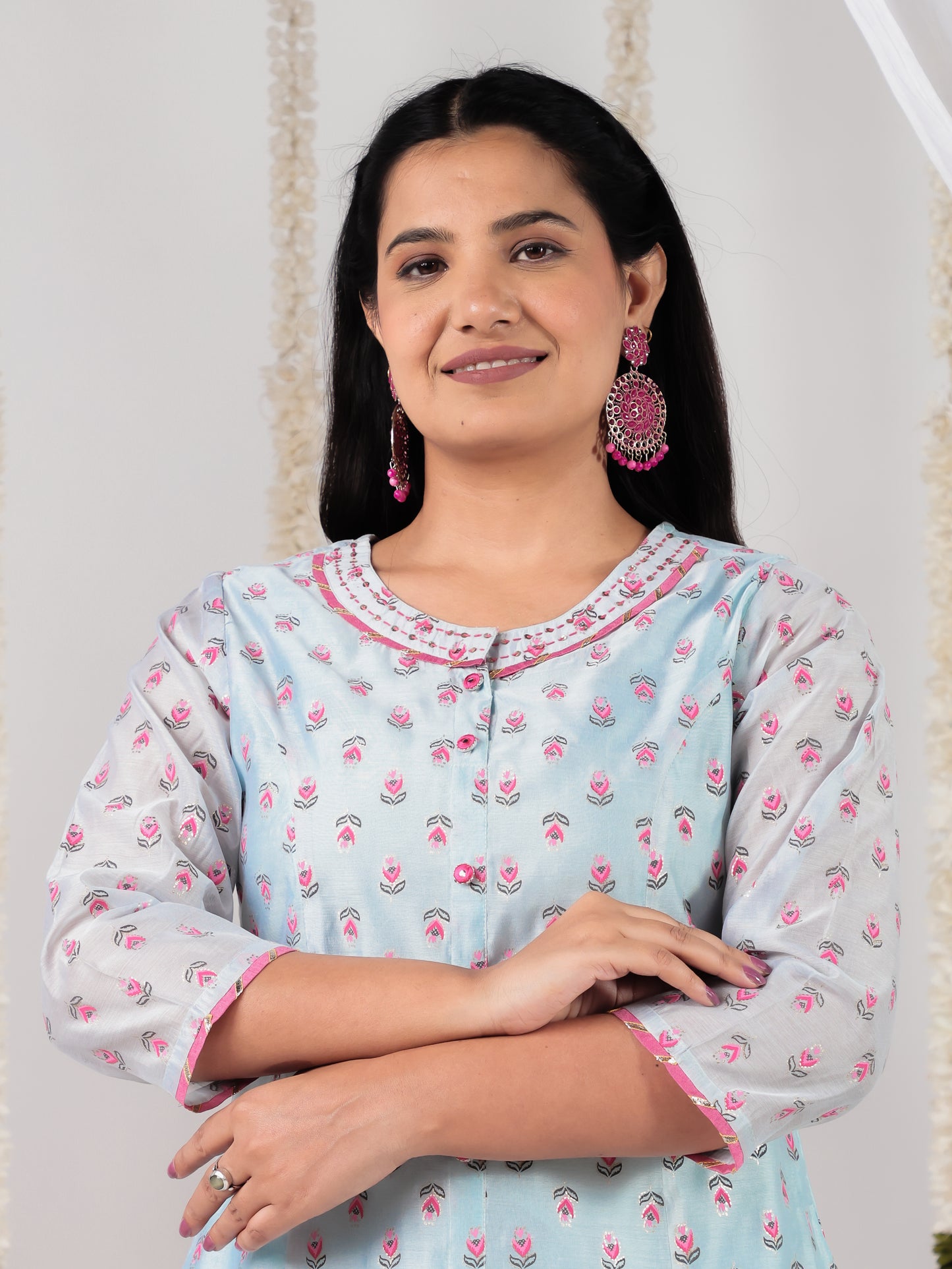 Organza Floral A-line Blue Kurta