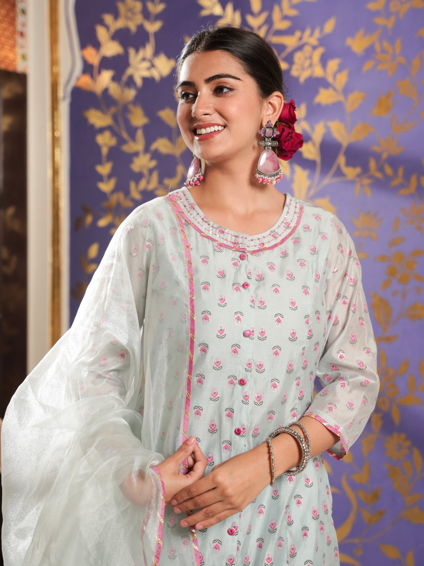 Organza Floral A-line Blue Kurta