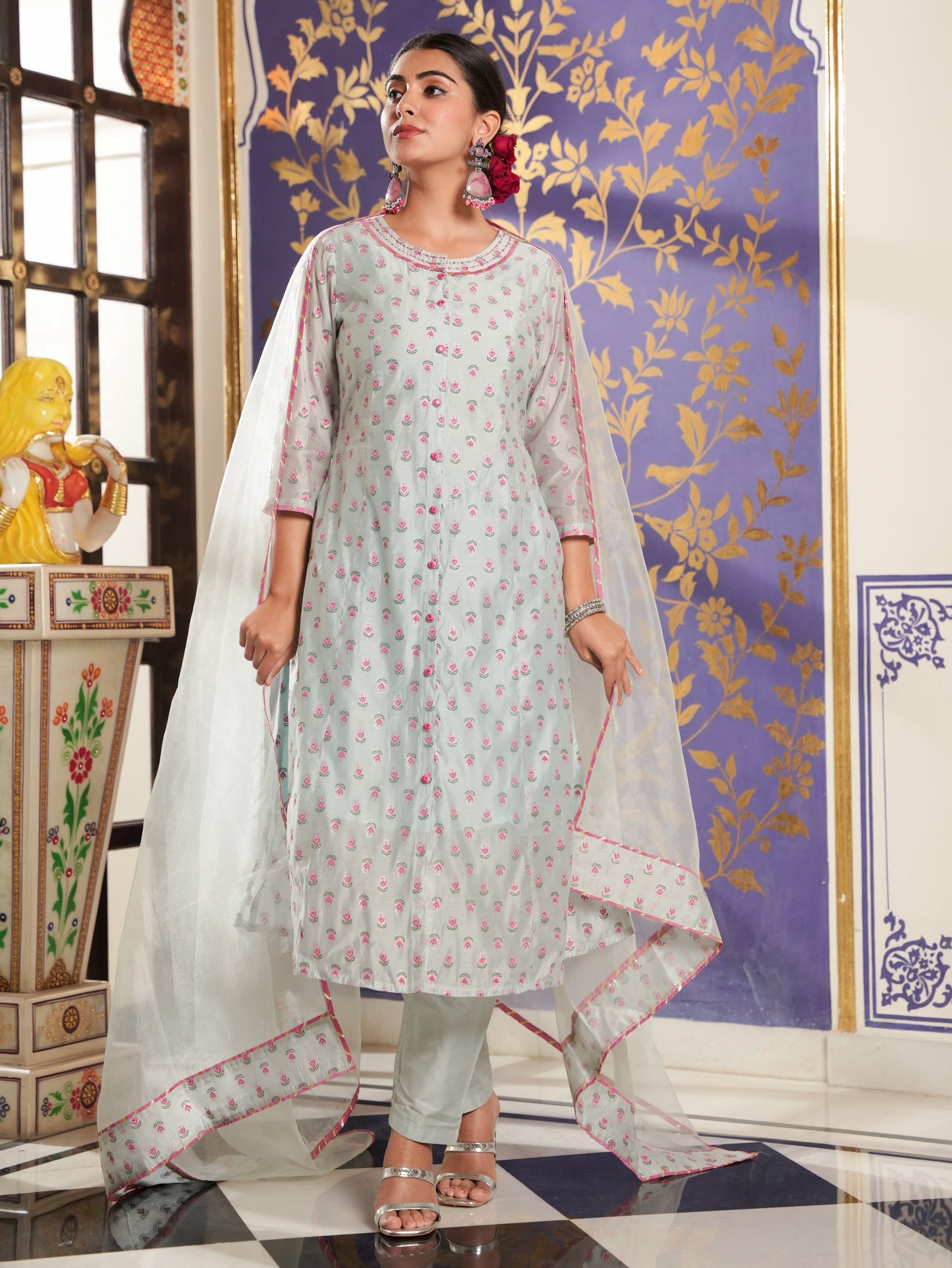 Organza Floral A-line Blue Kurta