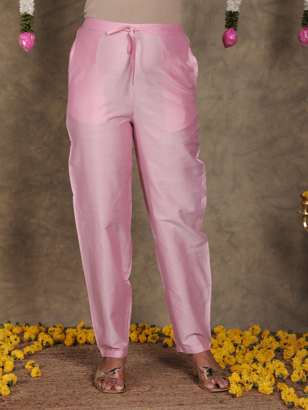Chanderi Solid Pink Tapered Trousers