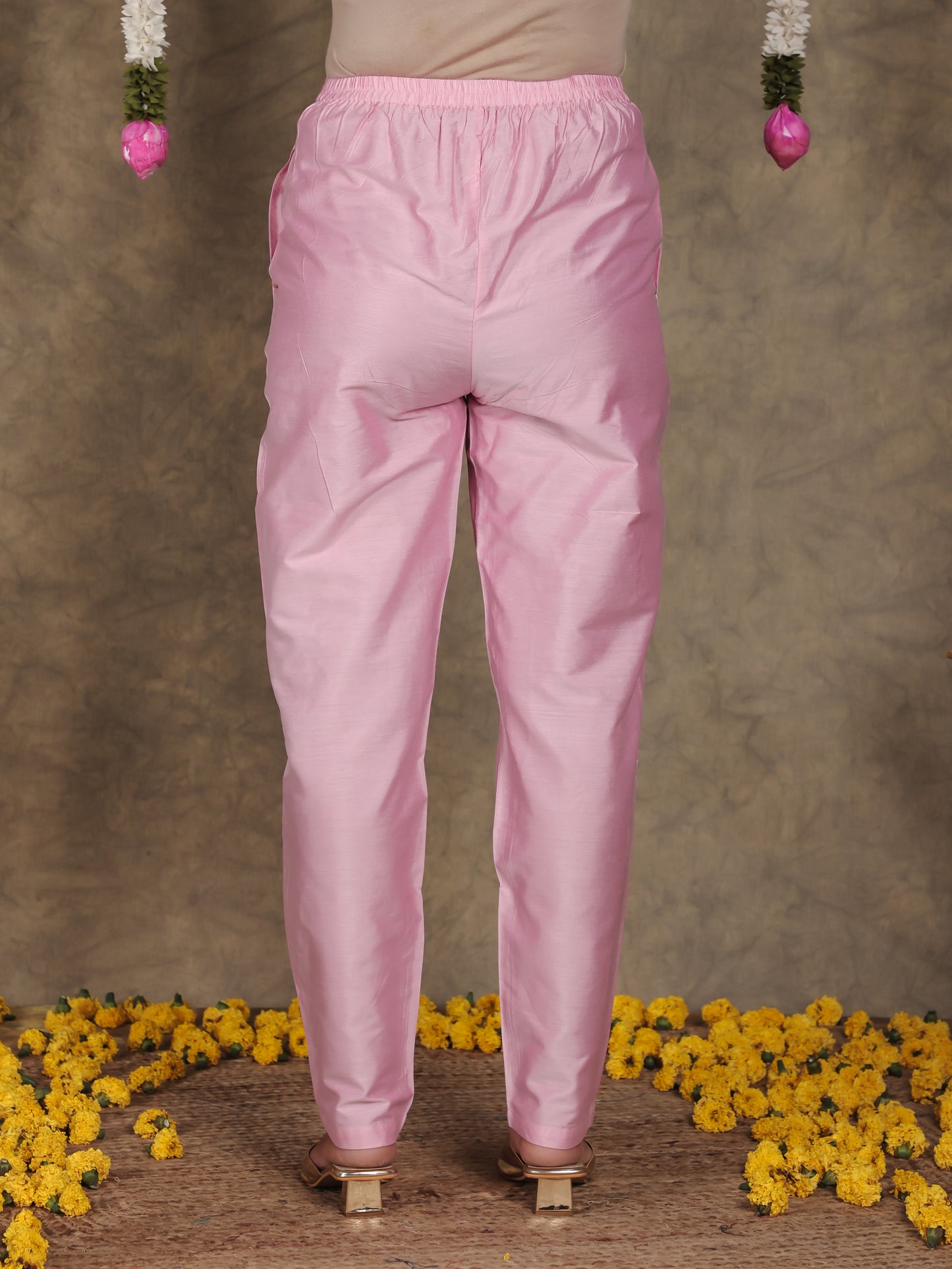 Chanderi Solid Pink Tapered Trousers