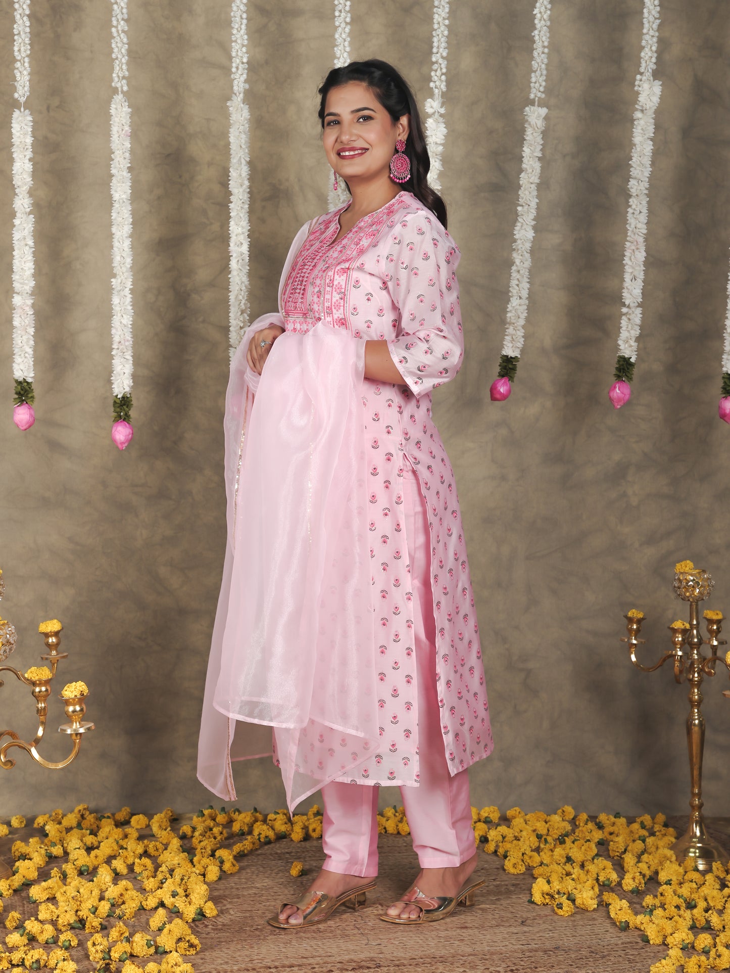 Embroidered Organza Solid Pink Dupatta
