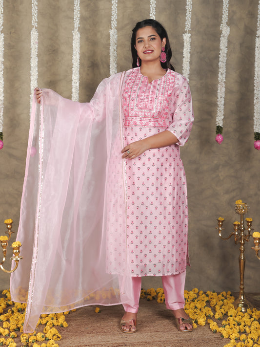 Embroidered Chanderi Floral Straight Pink Kurta