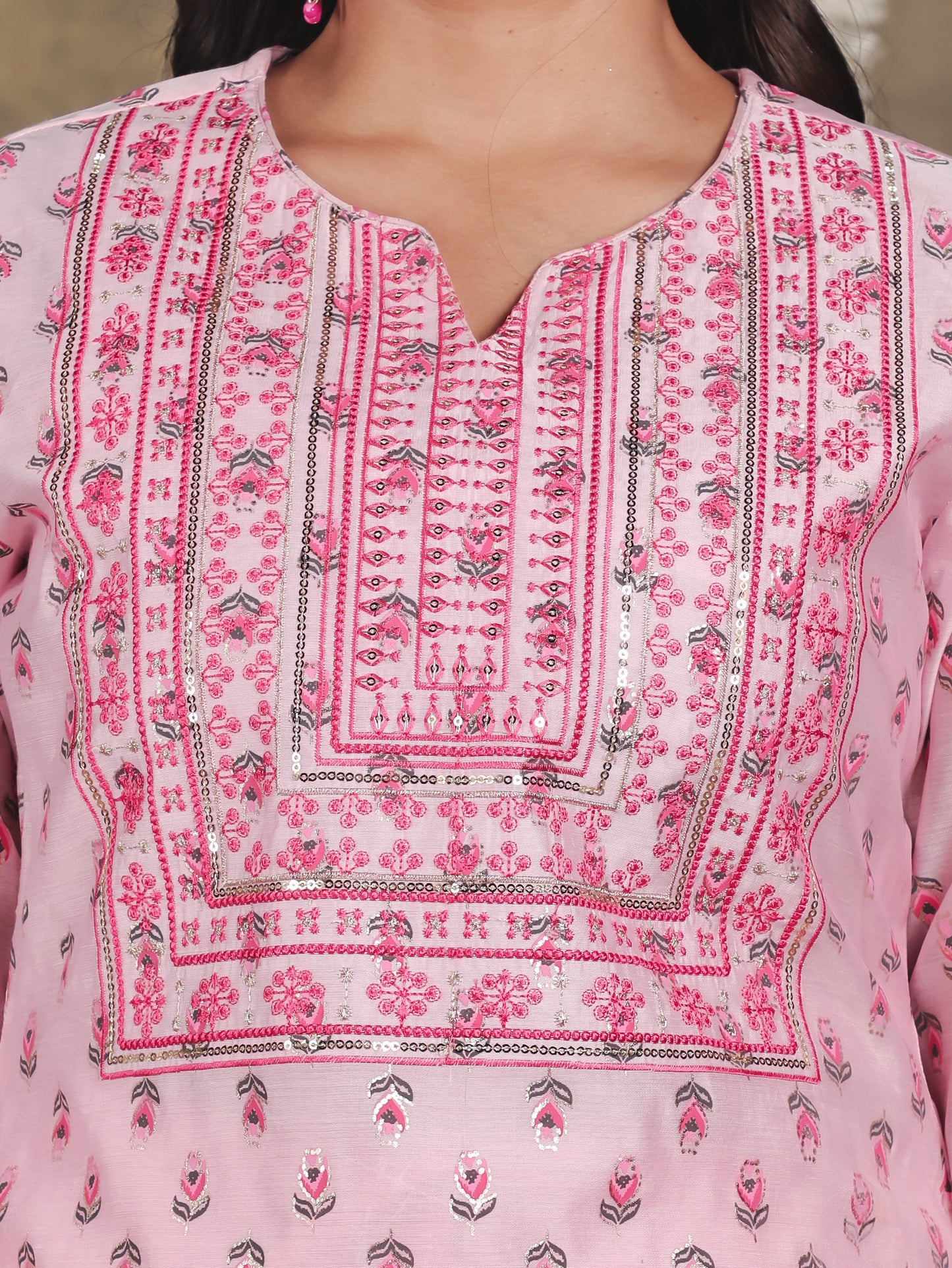Embroidered Chanderi Floral Straight Pink Kurta