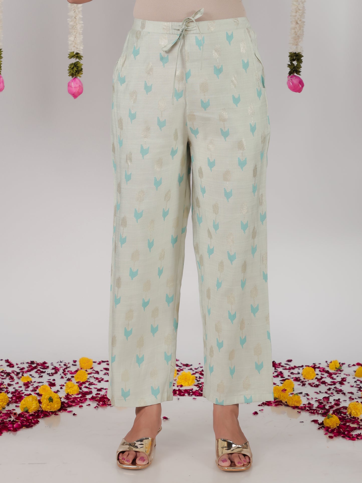 Roman silk Geometric Baby Blue Trousers Straight Trousers