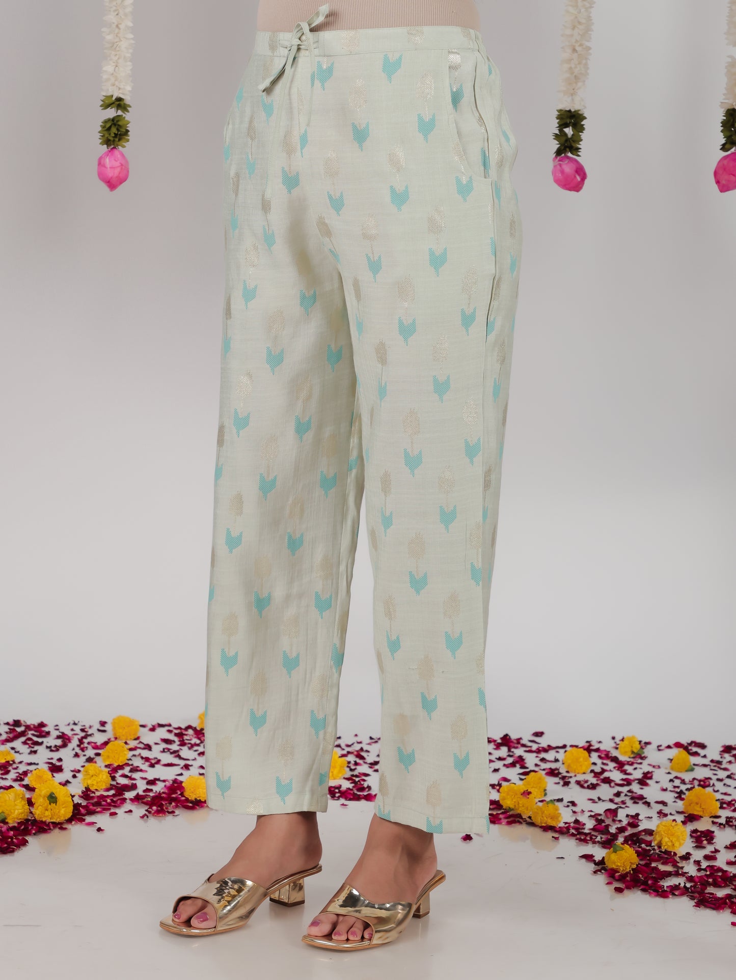 Roman silk Geometric Baby Blue Trousers Straight Trousers