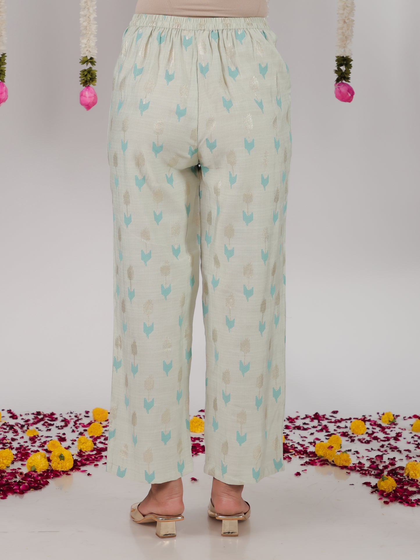 Roman silk Geometric Baby Blue Trousers Straight Trousers