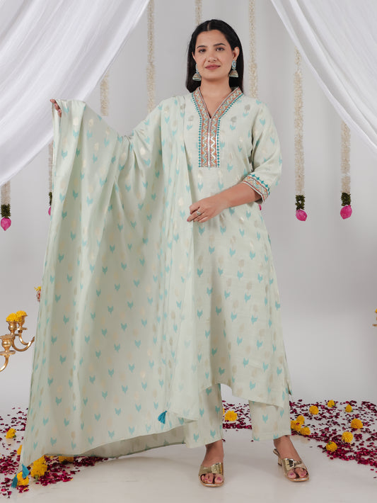 Embroidered Romen silk Geometric Straight Baby Blue Kurta