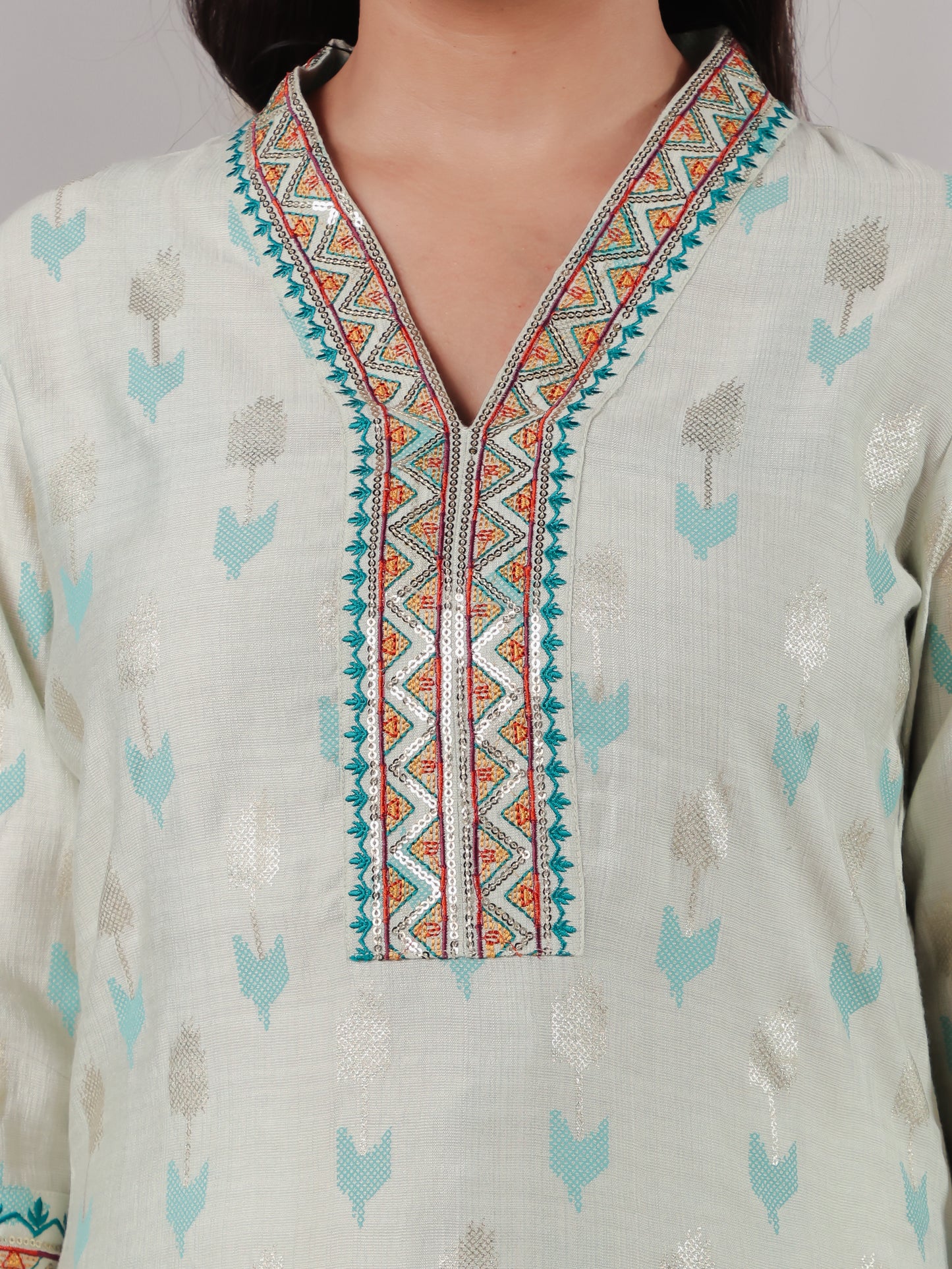 Embroidered Romen silk Geometric Straight Baby Blue Kurta