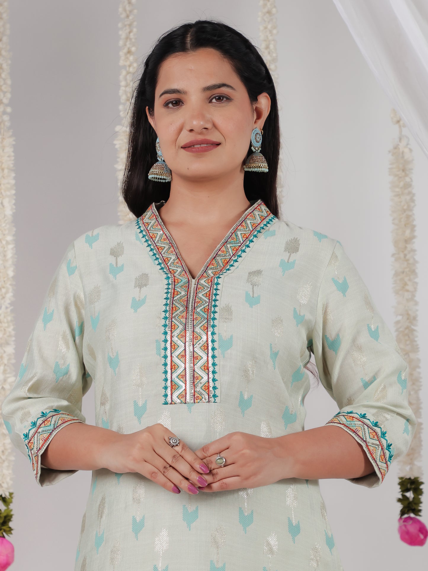 Embroidered Romen silk Geometric Straight Baby Blue Kurta