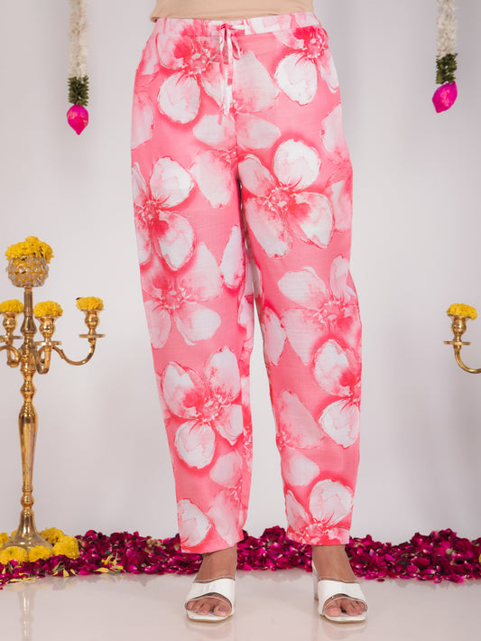Blended Silk Floral Peach Straight Trousers
