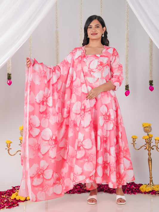 Embroidered Blended Silk Floral Flared Peach Kurta