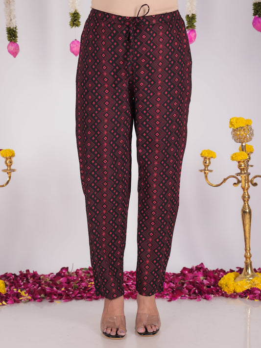 Viscose Geometric Black Tapered Trousers
