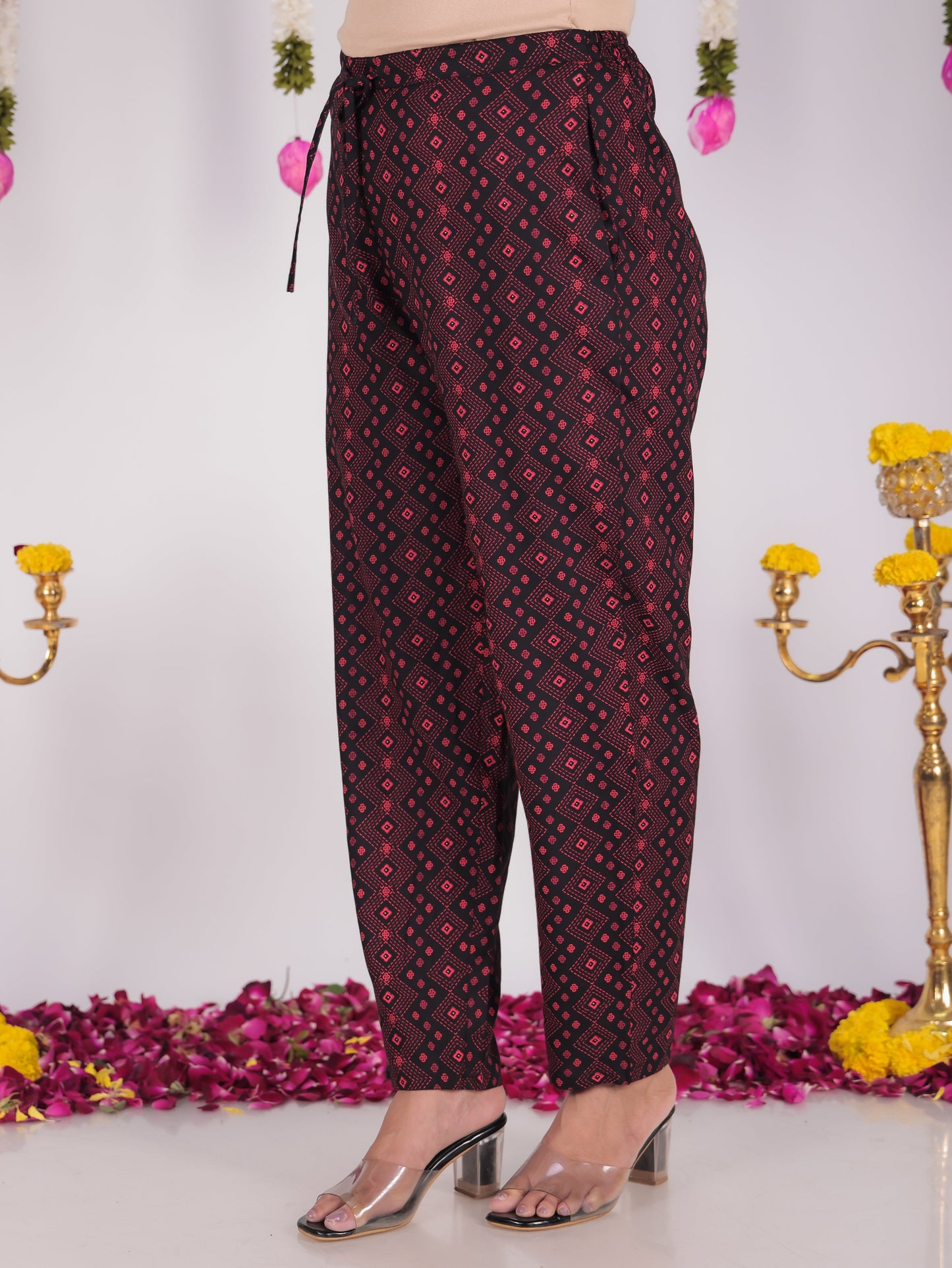 Viscose Geometric Black Tapered Trousers