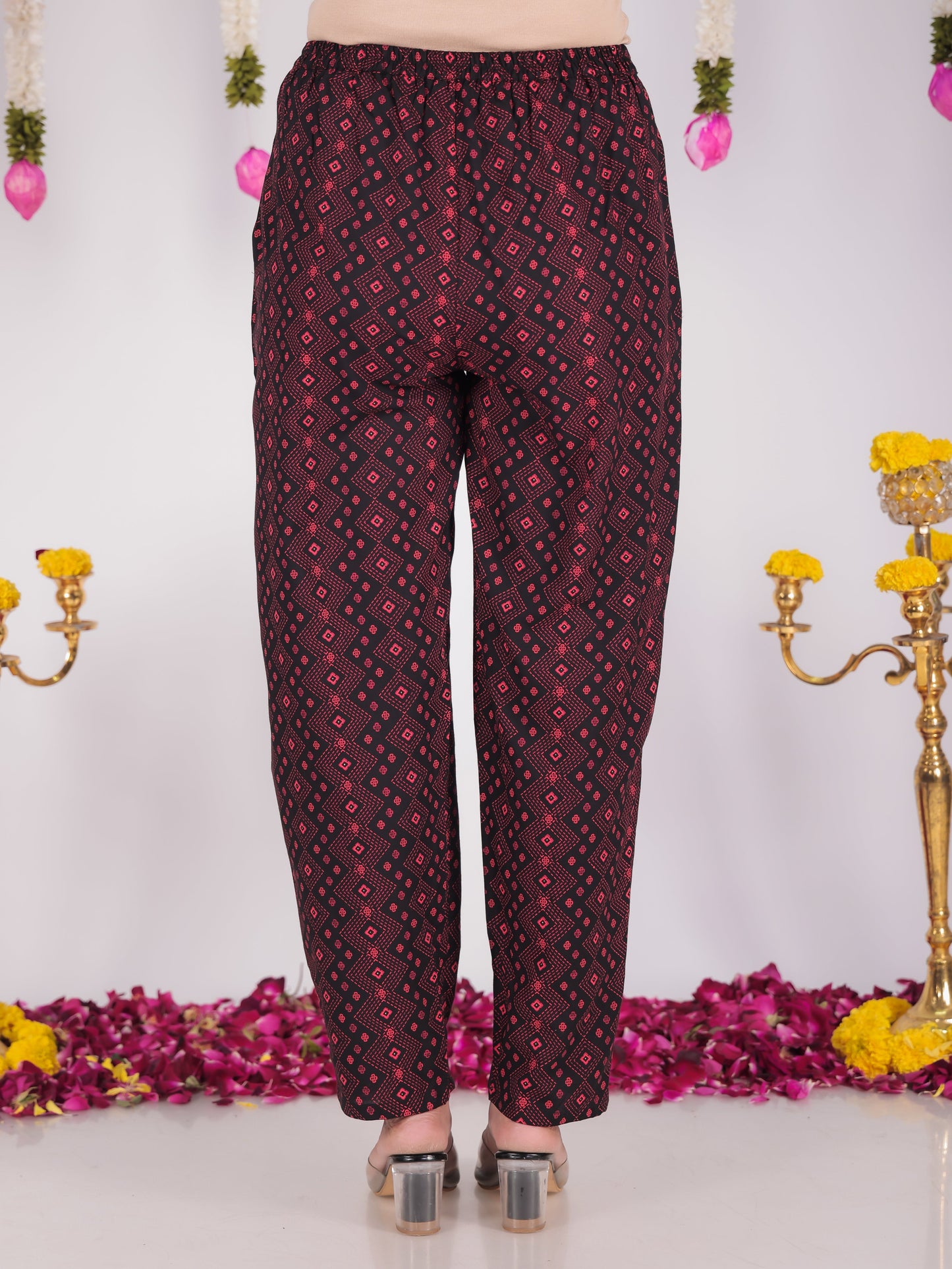 Viscose Geometric Black Tapered Trousers