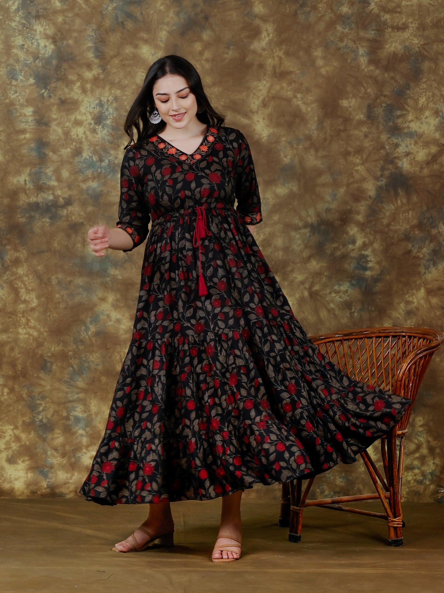 Viscose Floral Anarkali Black Kurta