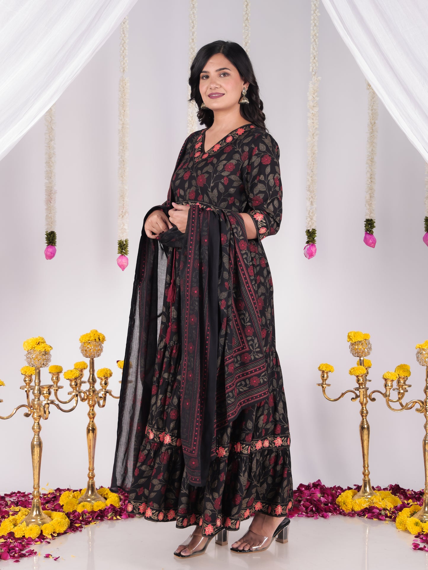 Viscose Floral Anarkali Black Kurta
