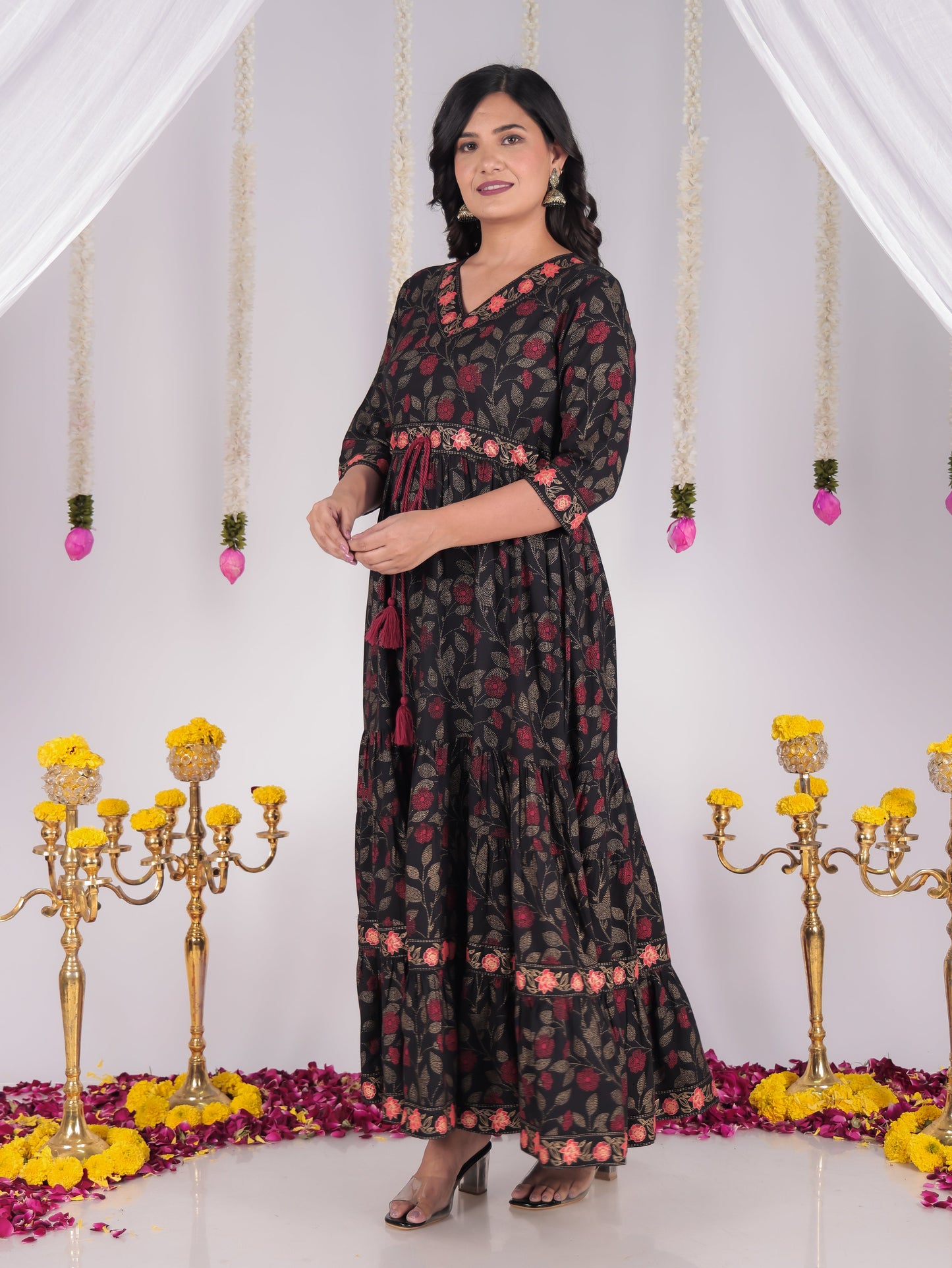 Viscose Floral Anarkali Black Kurta