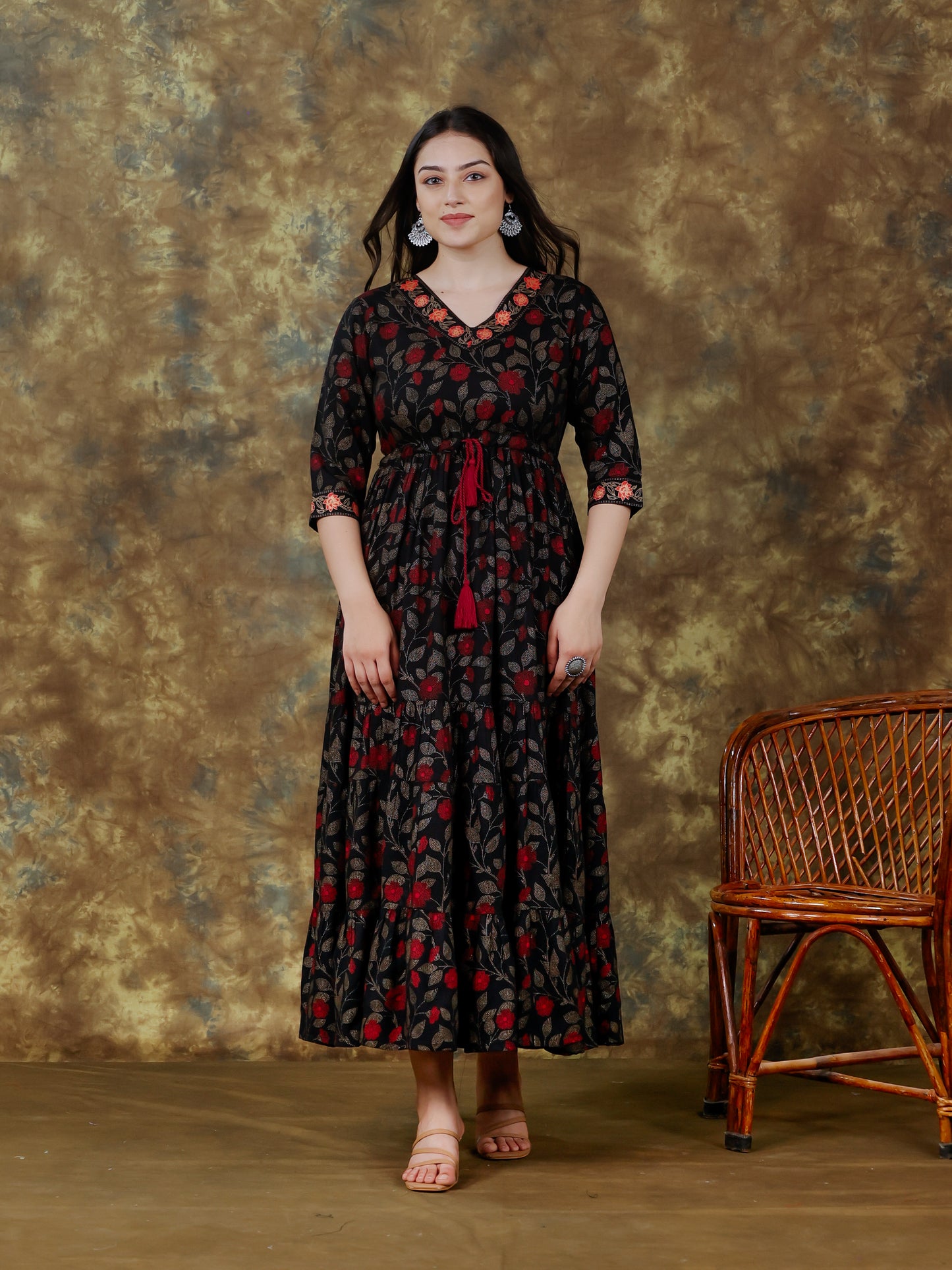 Viscose Floral Anarkali Black Kurta
