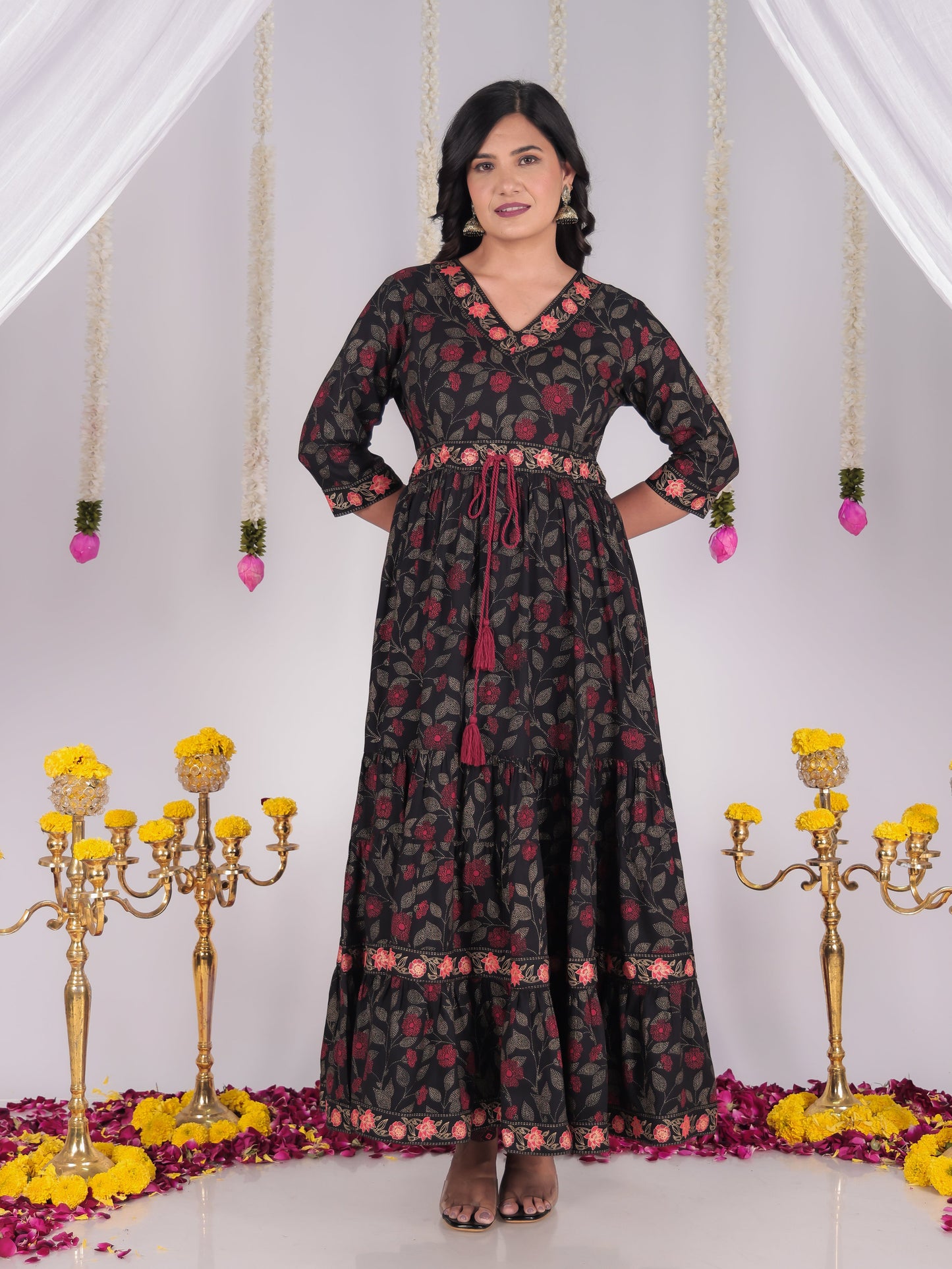 Viscose Floral Anarkali Black Kurta