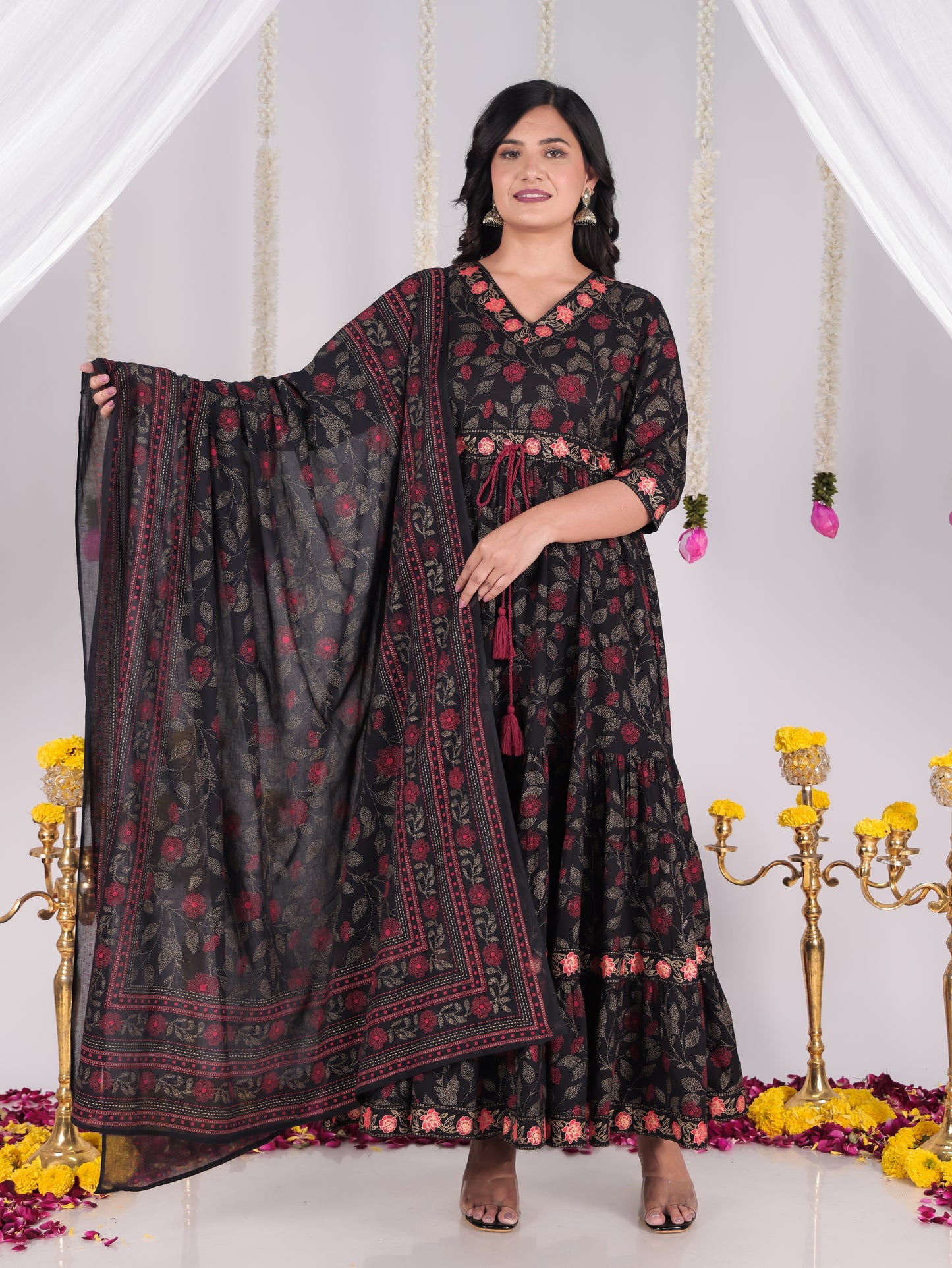 Viscose Floral Anarkali Black Kurta
