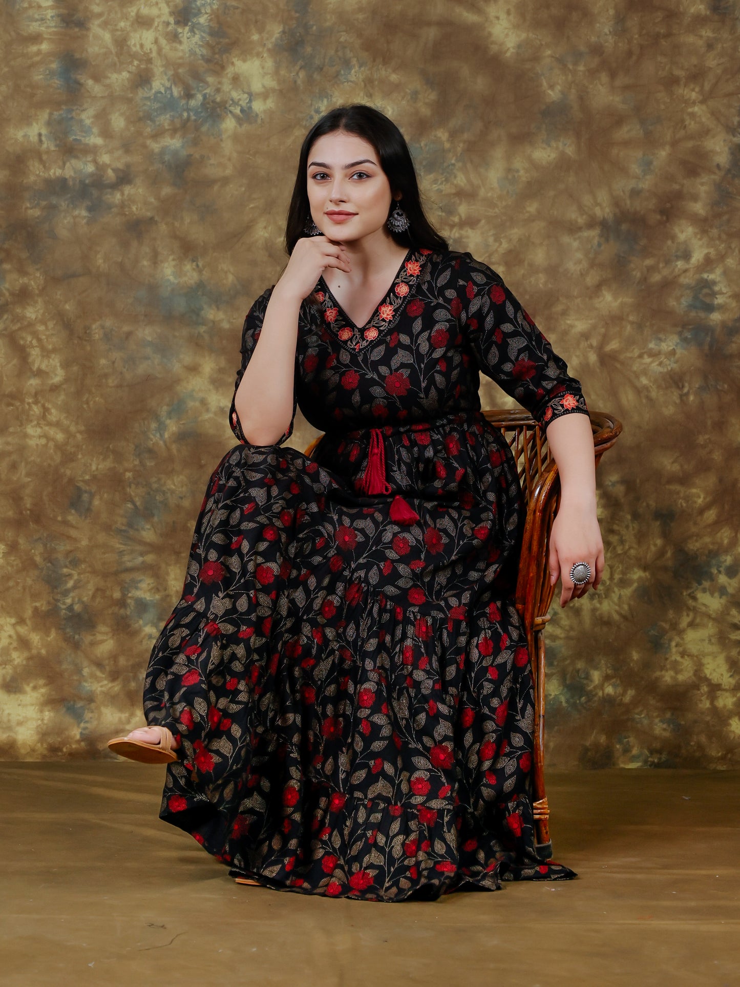 Viscose Floral Anarkali Black Kurta