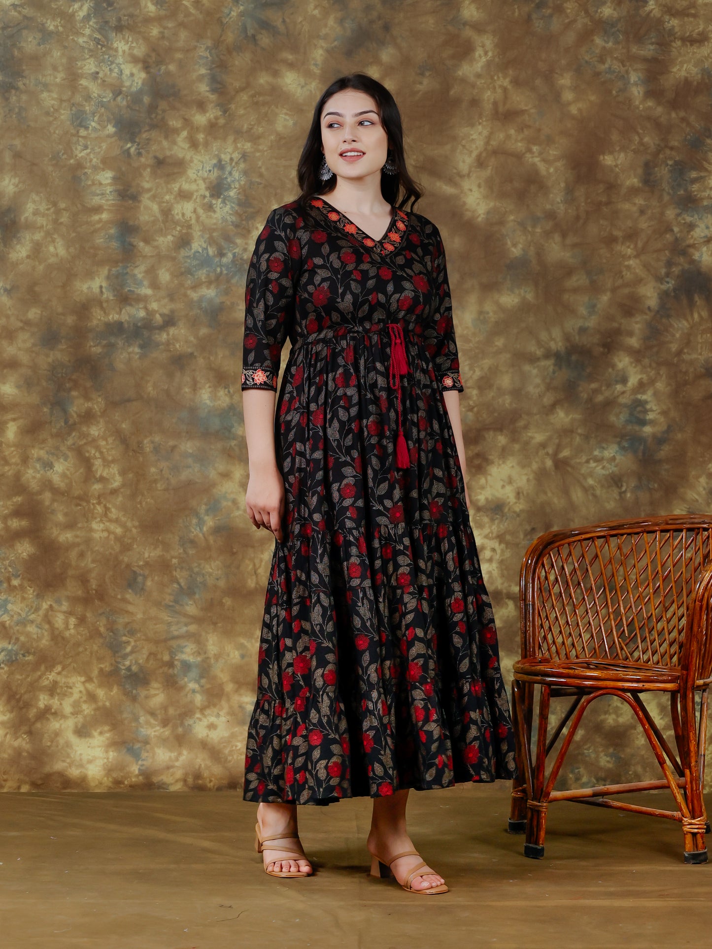 Viscose Floral Anarkali Black Kurta