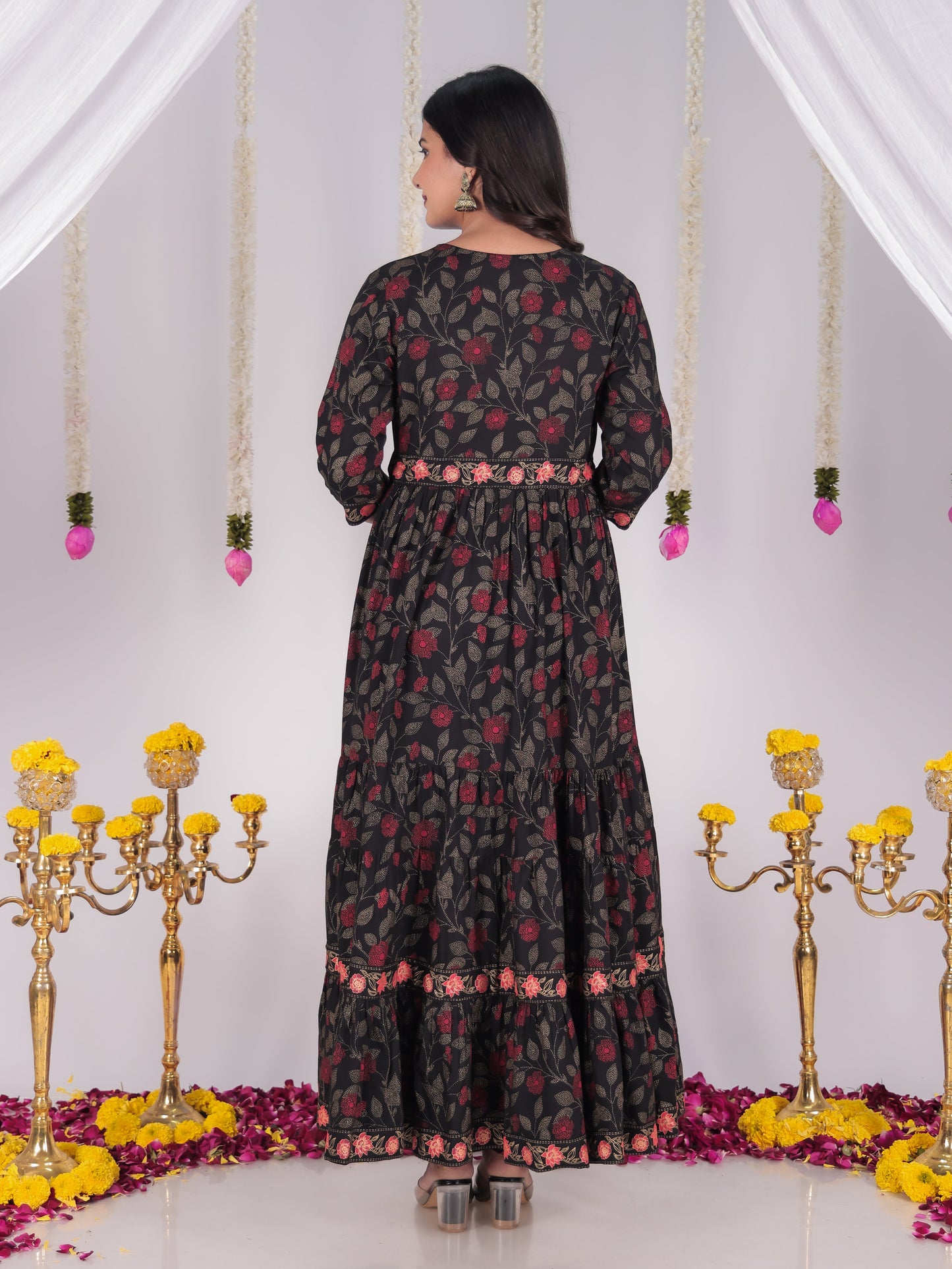 Viscose Floral Anarkali Black Kurta