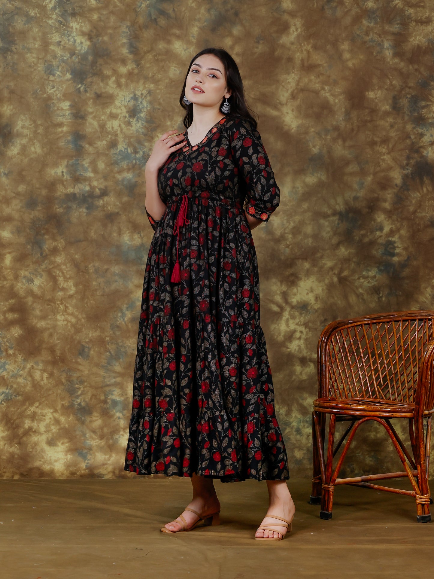 Viscose Floral Anarkali Black Kurta