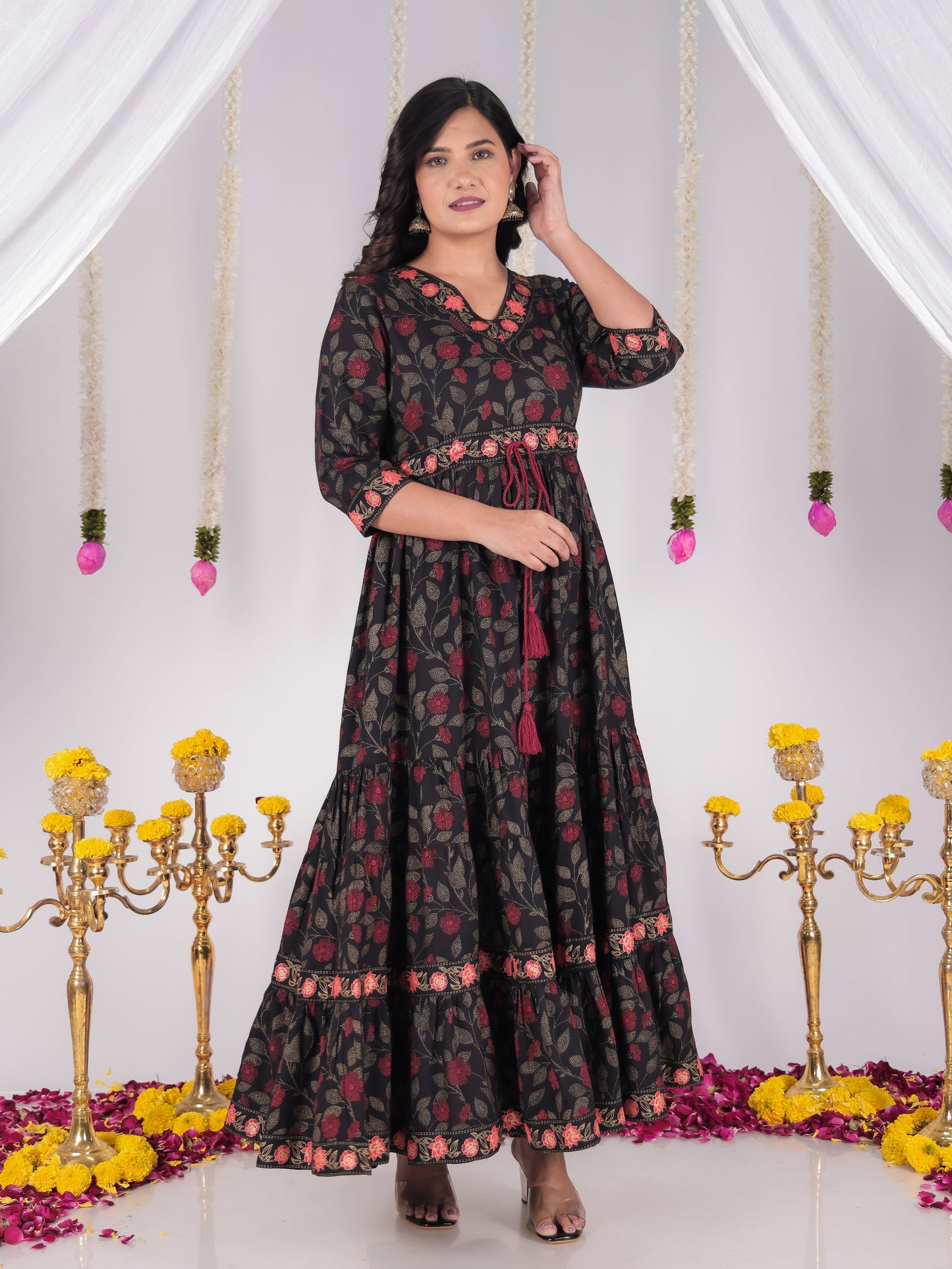Viscose Floral Anarkali Black Kurta