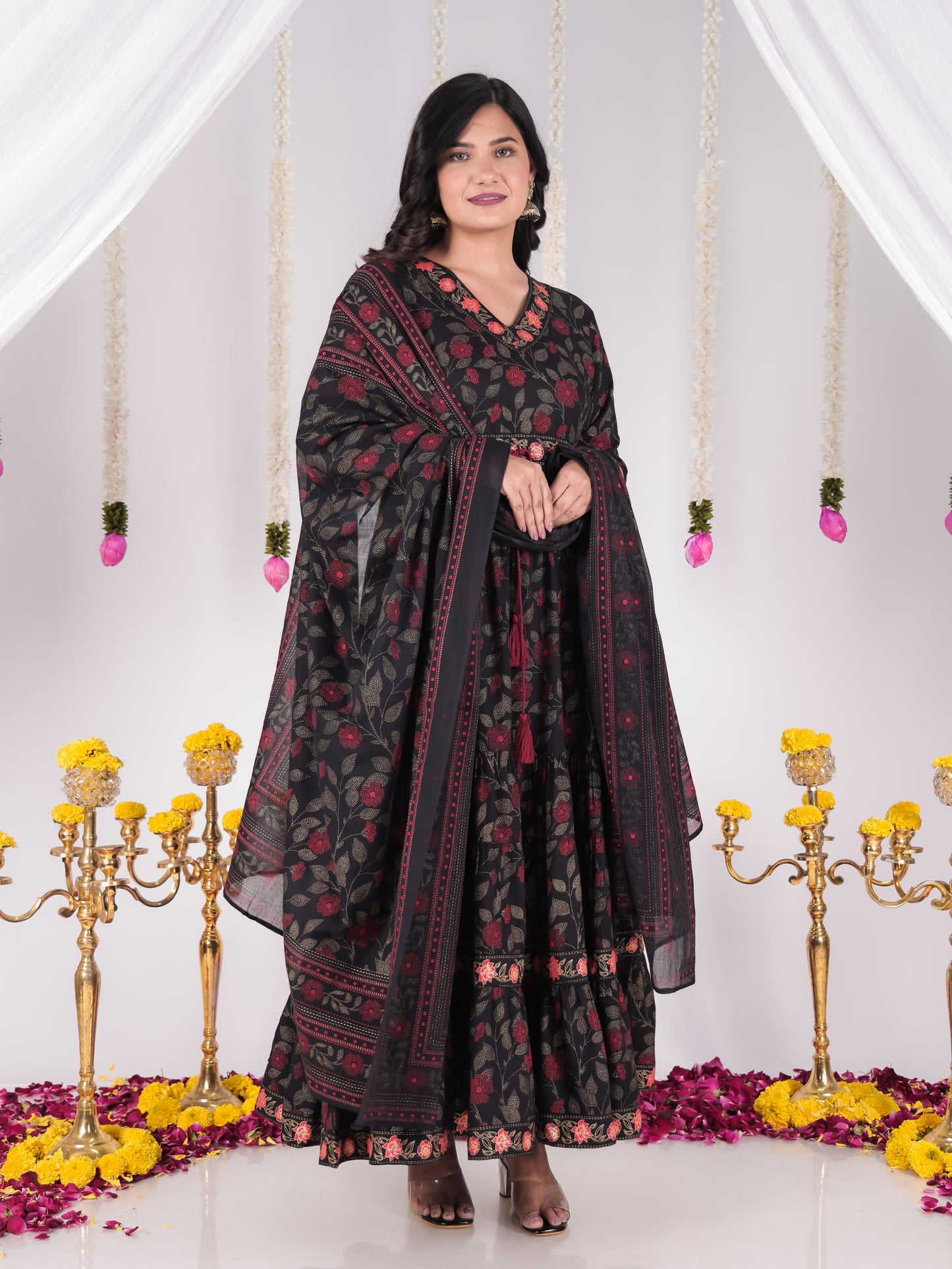 Viscose Floral Anarkali Black Kurta