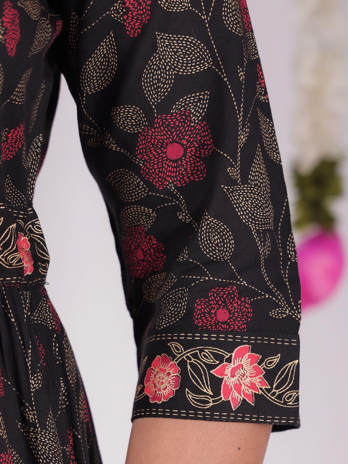 Viscose Floral Anarkali Black Kurta