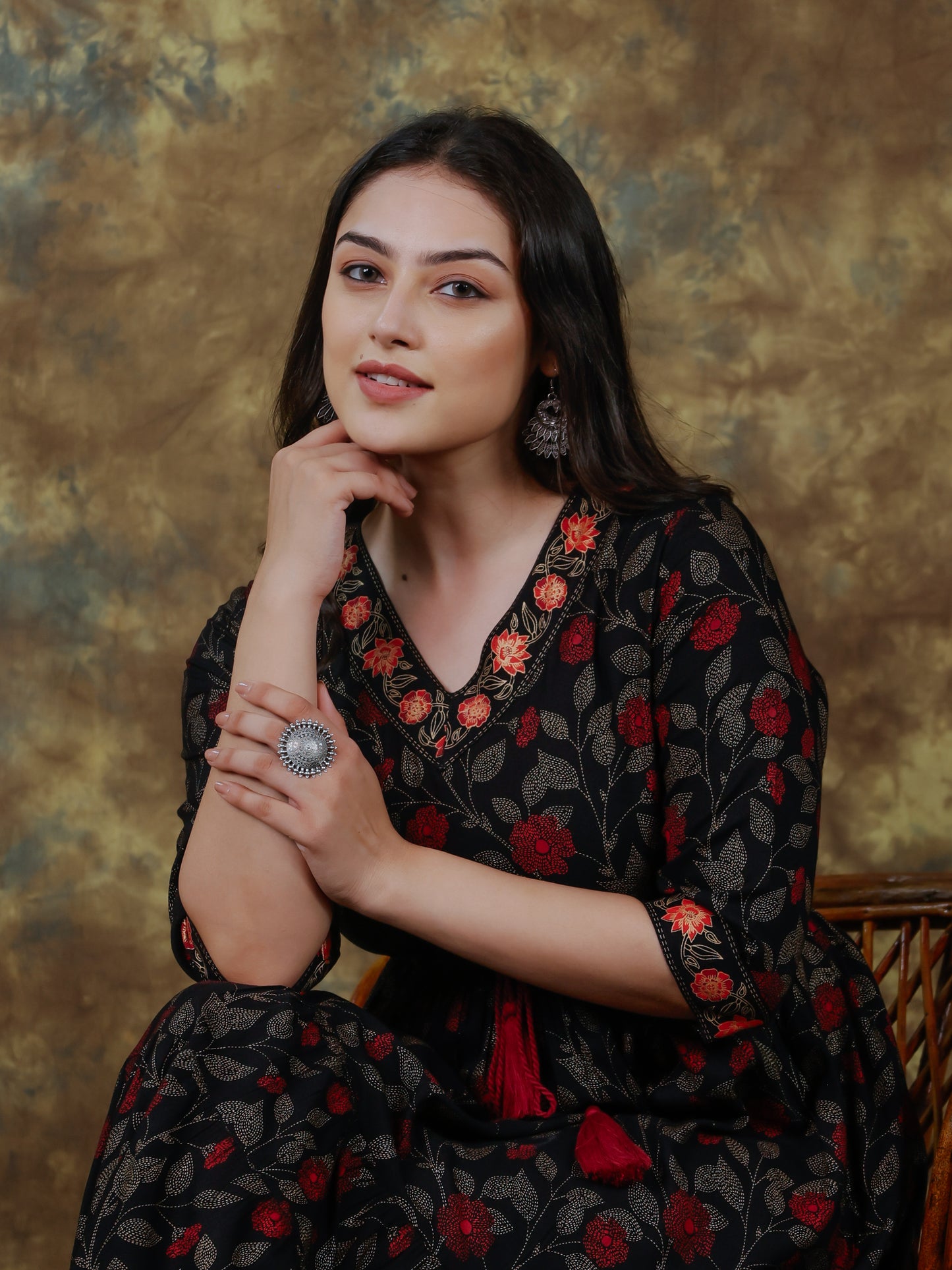 Viscose Floral Anarkali Black Kurta