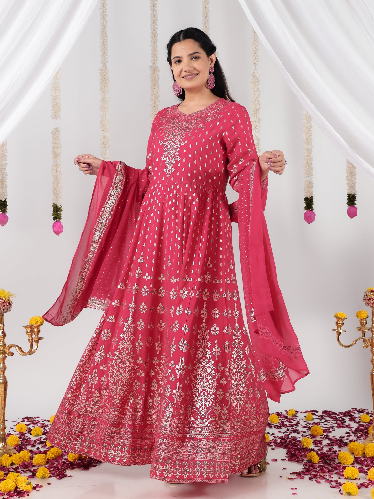 Georgette Gold foil Royal Pink Dupatta