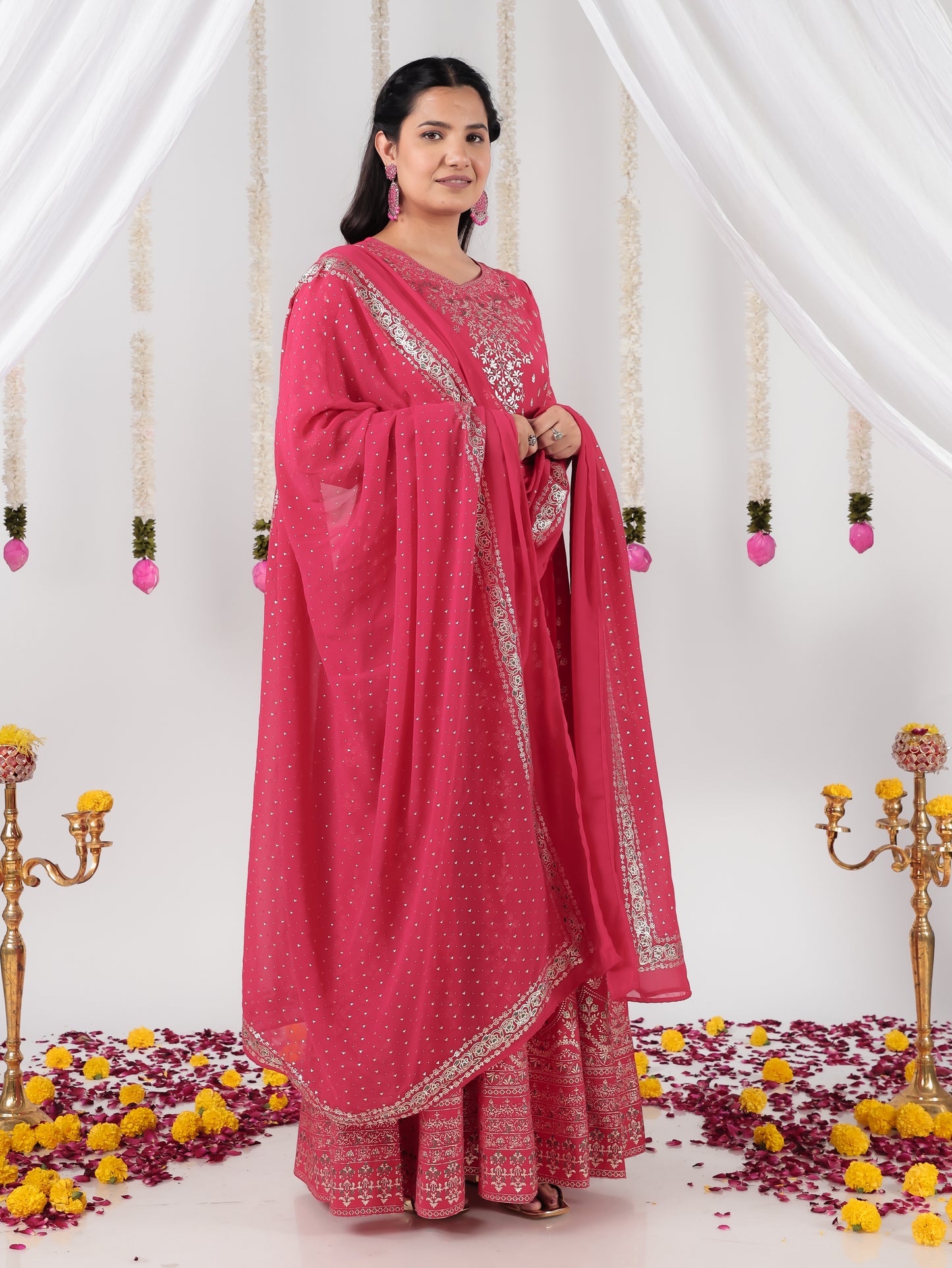 Vertigan Gold foil Anarkali Royal Pink Kurta