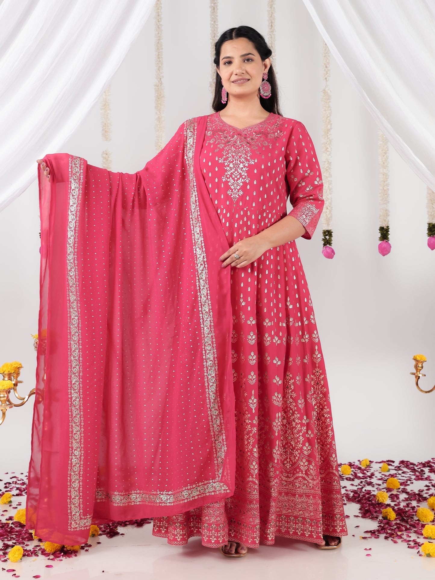 Vertigan Gold foil Anarkali Royal Pink Kurta