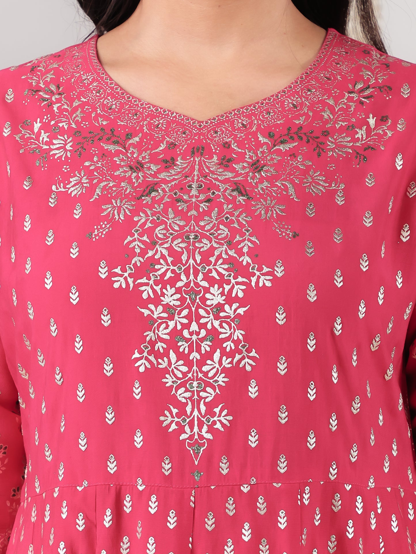 Vertigan Gold foil Anarkali Royal Pink Kurta